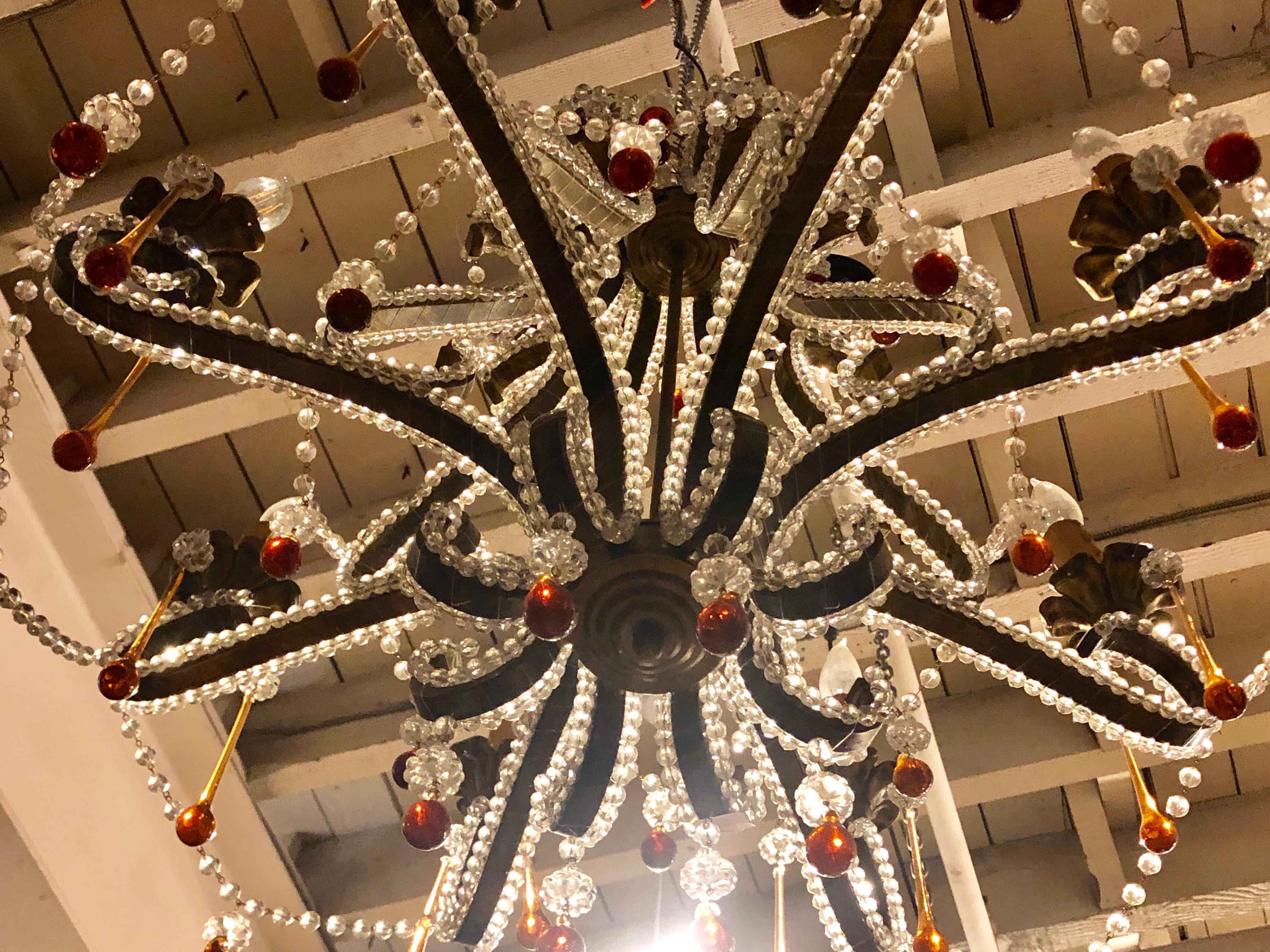 Eight Light Beaded Chandelier with Colored Tear Drop Prisms, circa 1960 6