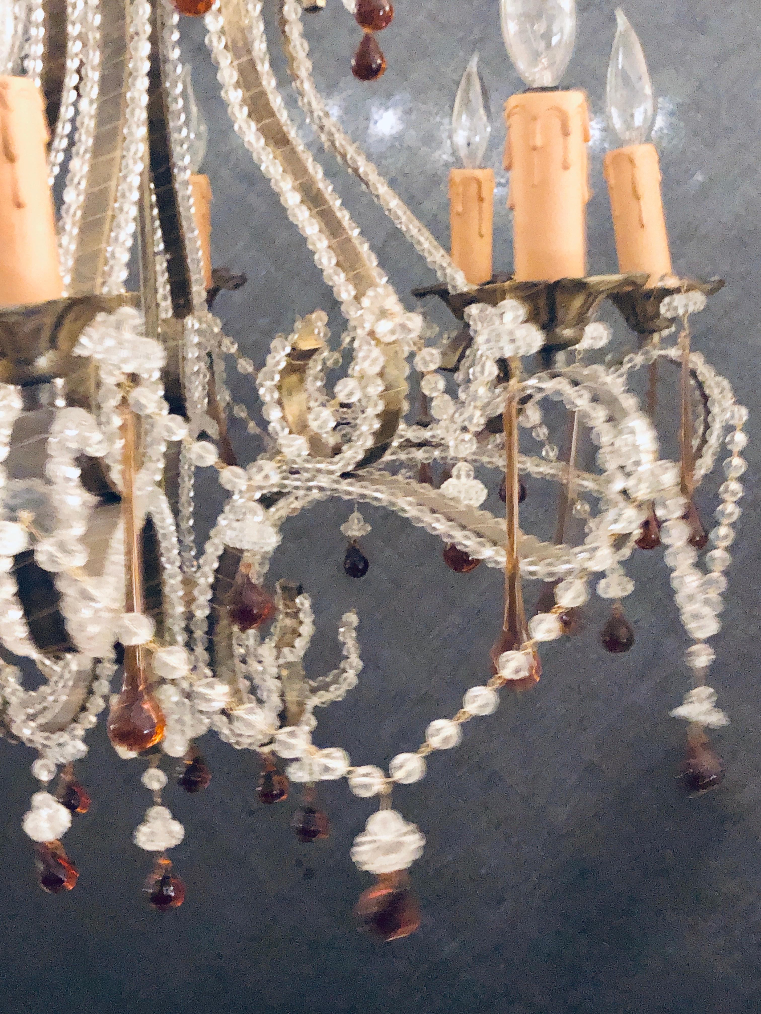 Eight Light Beaded Chandelier with Colored Tear Drop Prisms, circa 1960 8