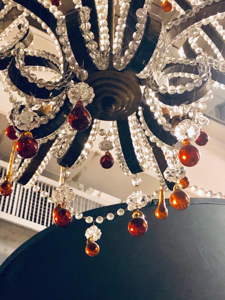 Eight Light Beaded Chandelier with Colored Tear Drop Prisms, circa 1960