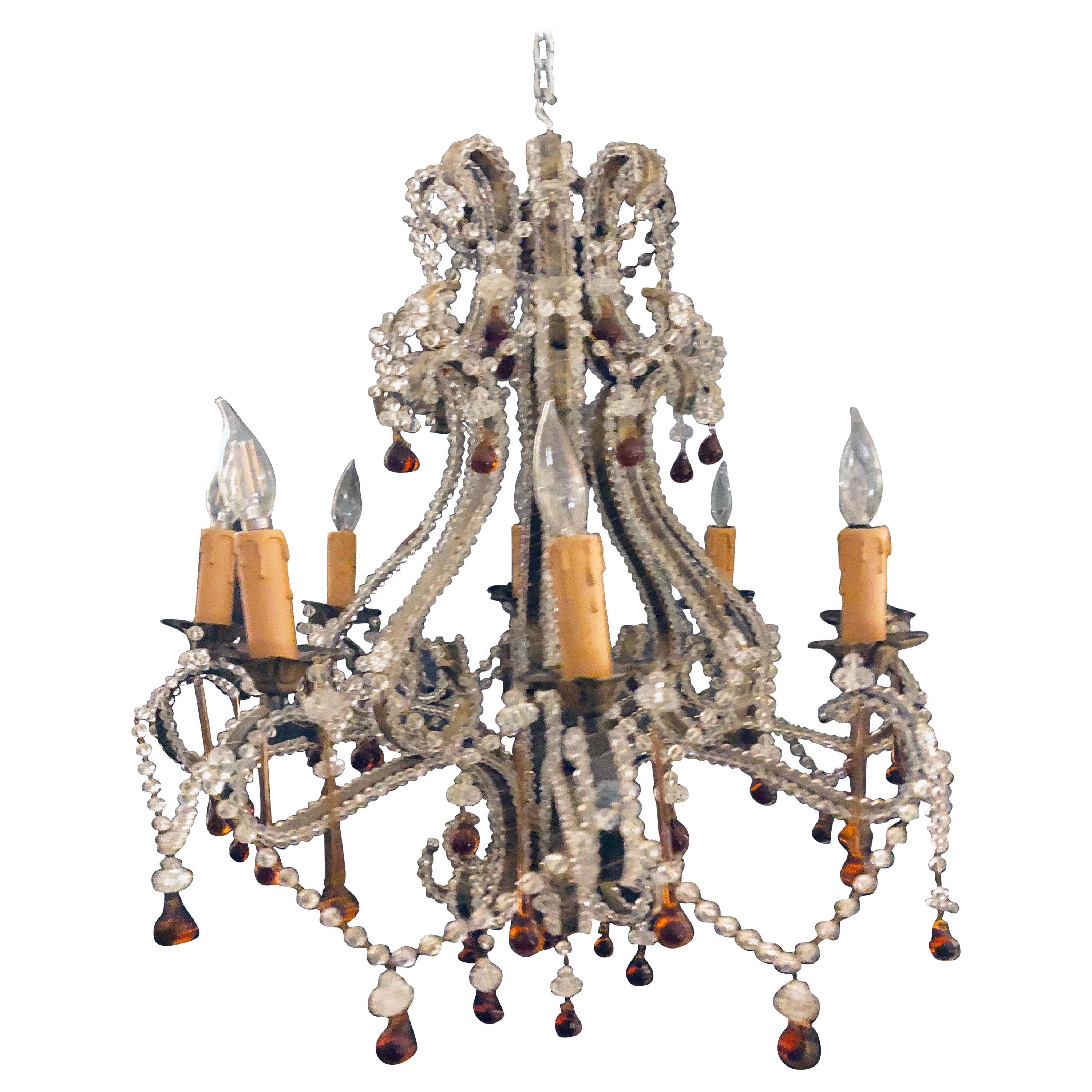Eight Light Beaded Chandelier with Colored Tear Drop Prisms, circa 1960 For Sale