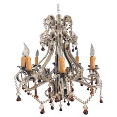 Eight Light Beaded Chandelier with Colored Tear Drop Prisms, circa 1960