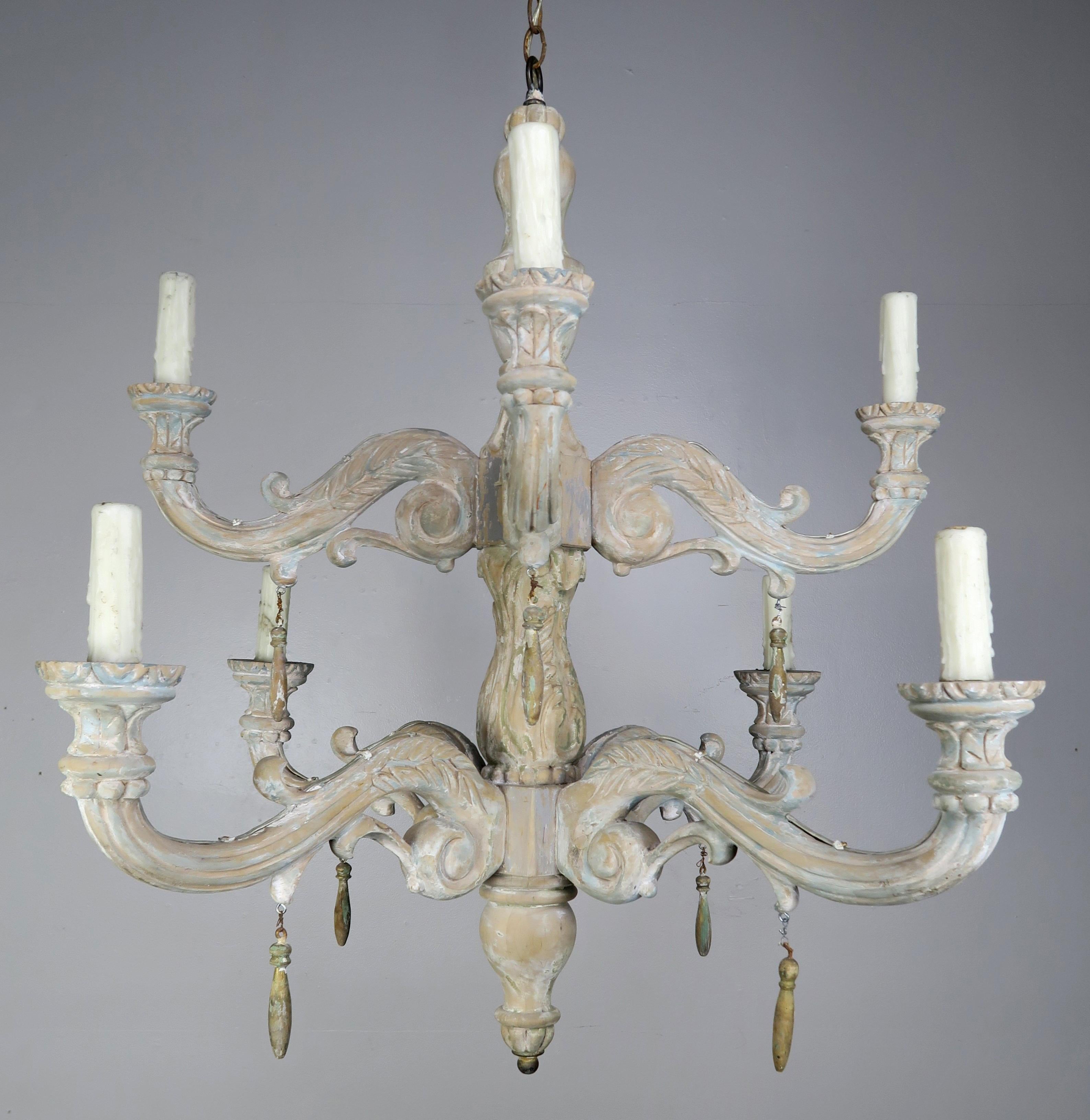 Eight-Light Carved Wood Chandelier with Tassels, 20th Century 8