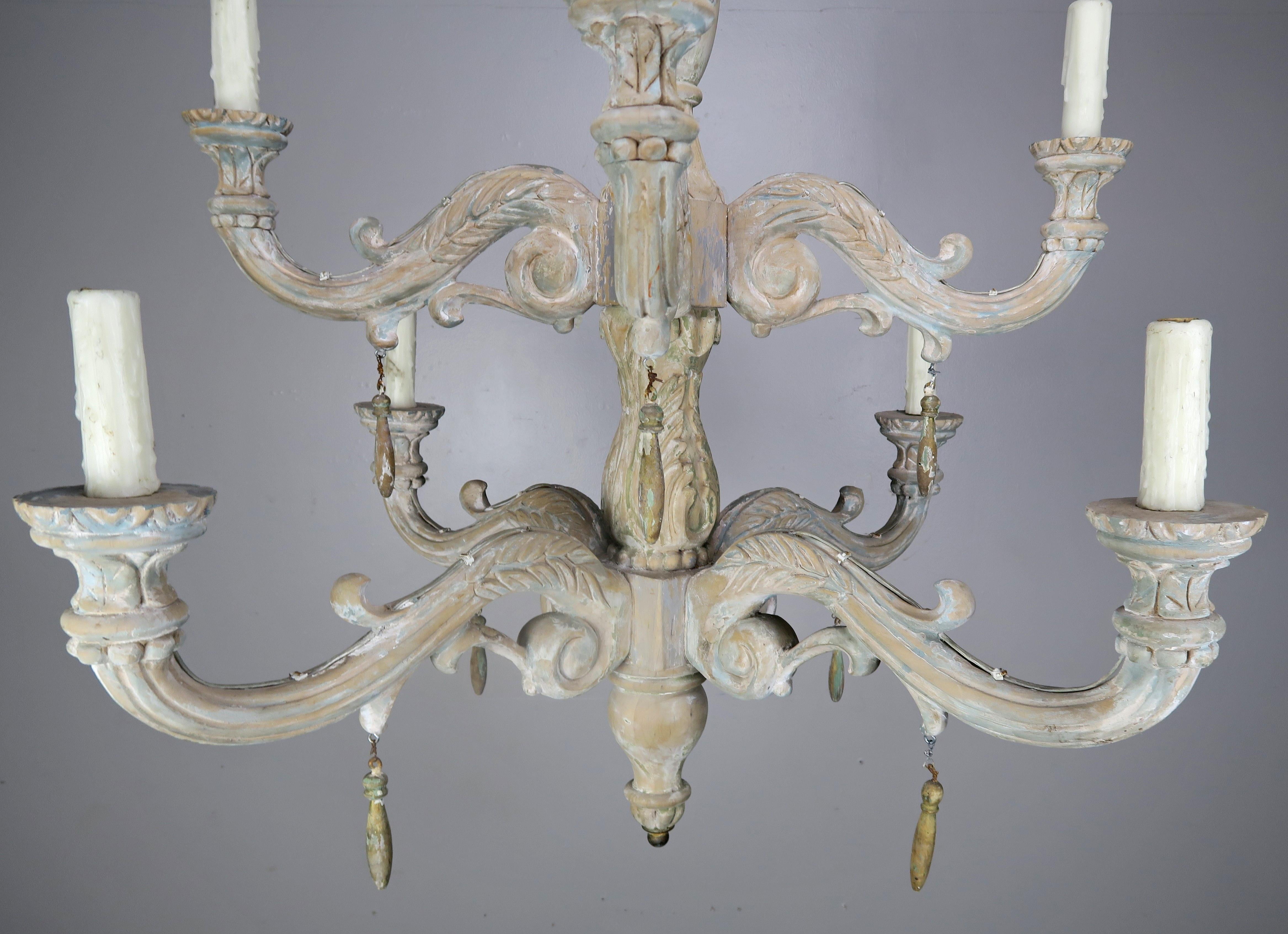 Rococo Eight-Light Carved Wood Chandelier with Tassels, 20th Century