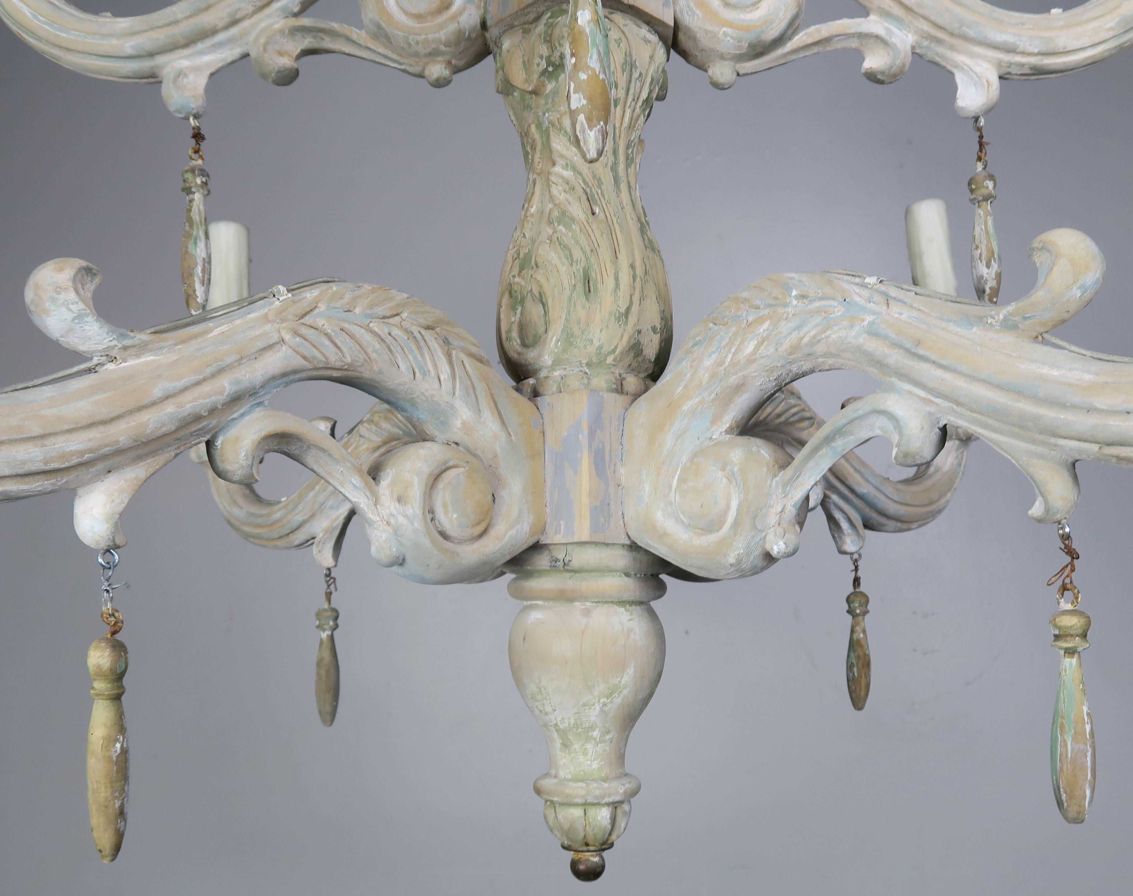 Eight-Light Carved Wood Chandelier with Tassels, 20th Century In Distressed Condition In Los Angeles, CA