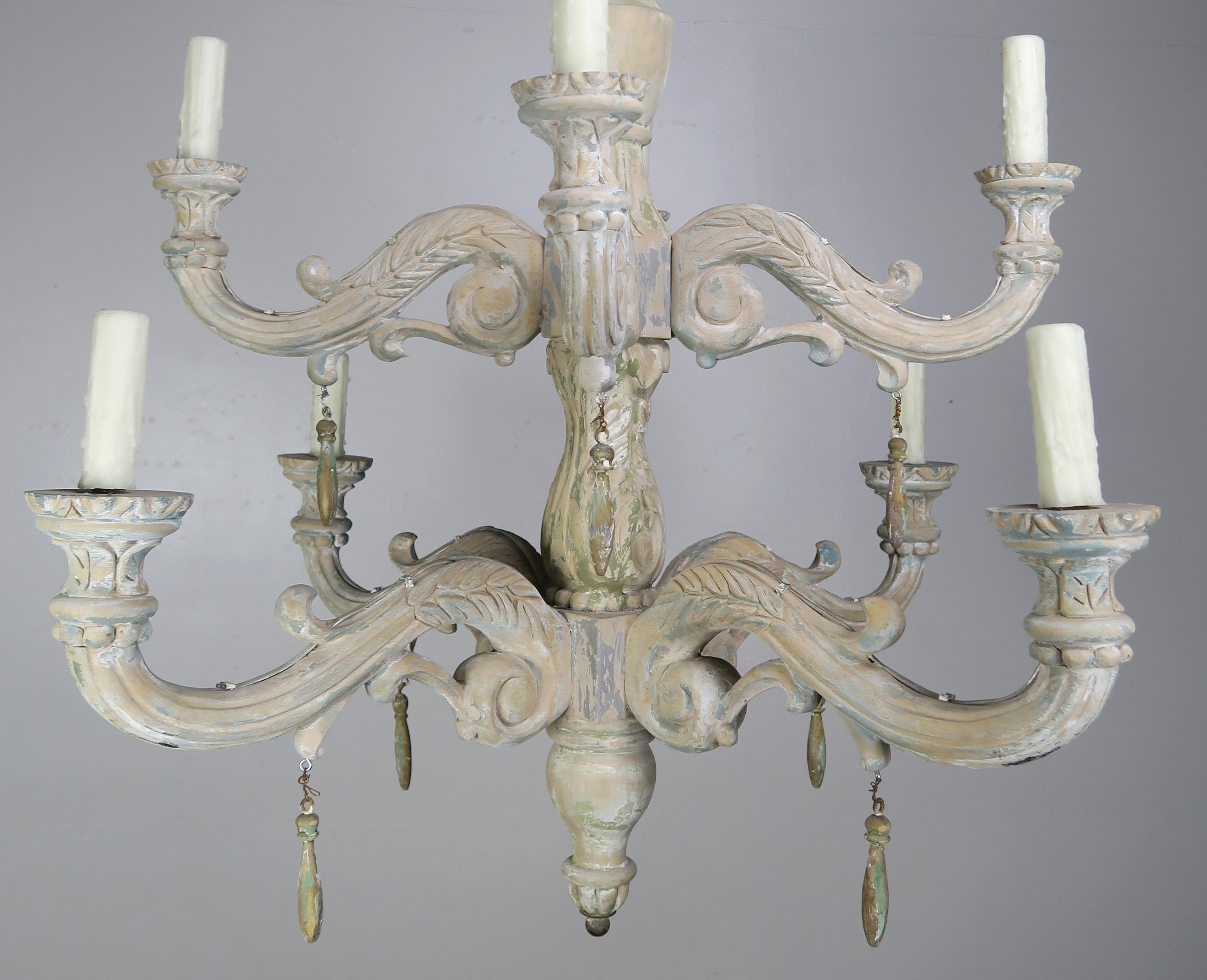 Eight-Light Carved Wood Chandelier with Tassels, 20th Century 3