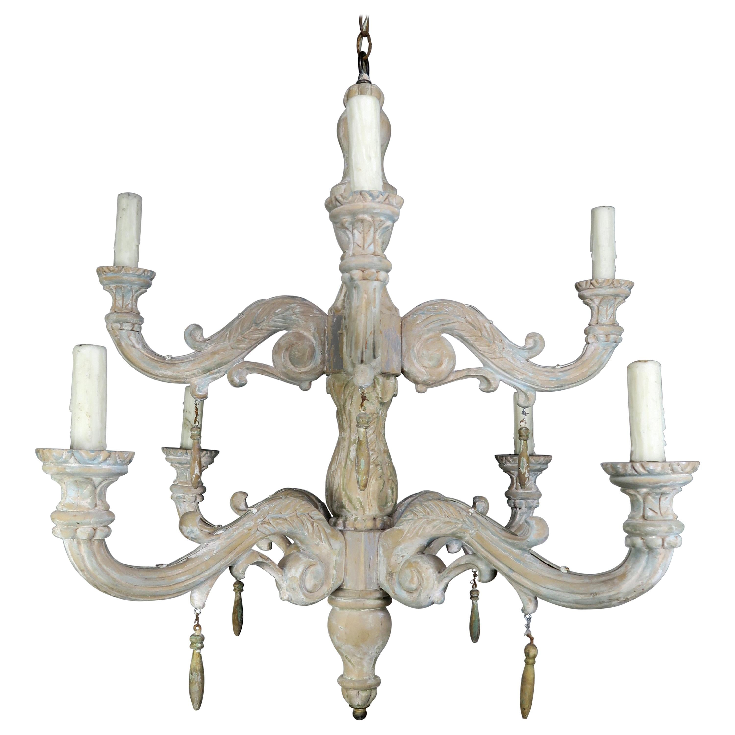 Eight-Light Carved Wood Chandelier with Tassels, 20th Century