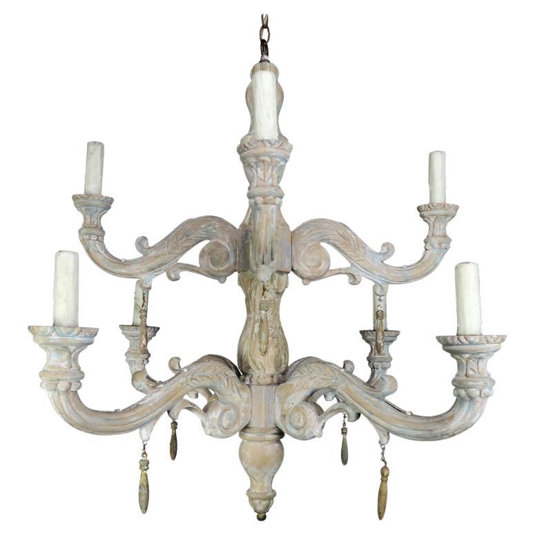 Eight-Light Carved Wood Chandelier with Tassels by MLA