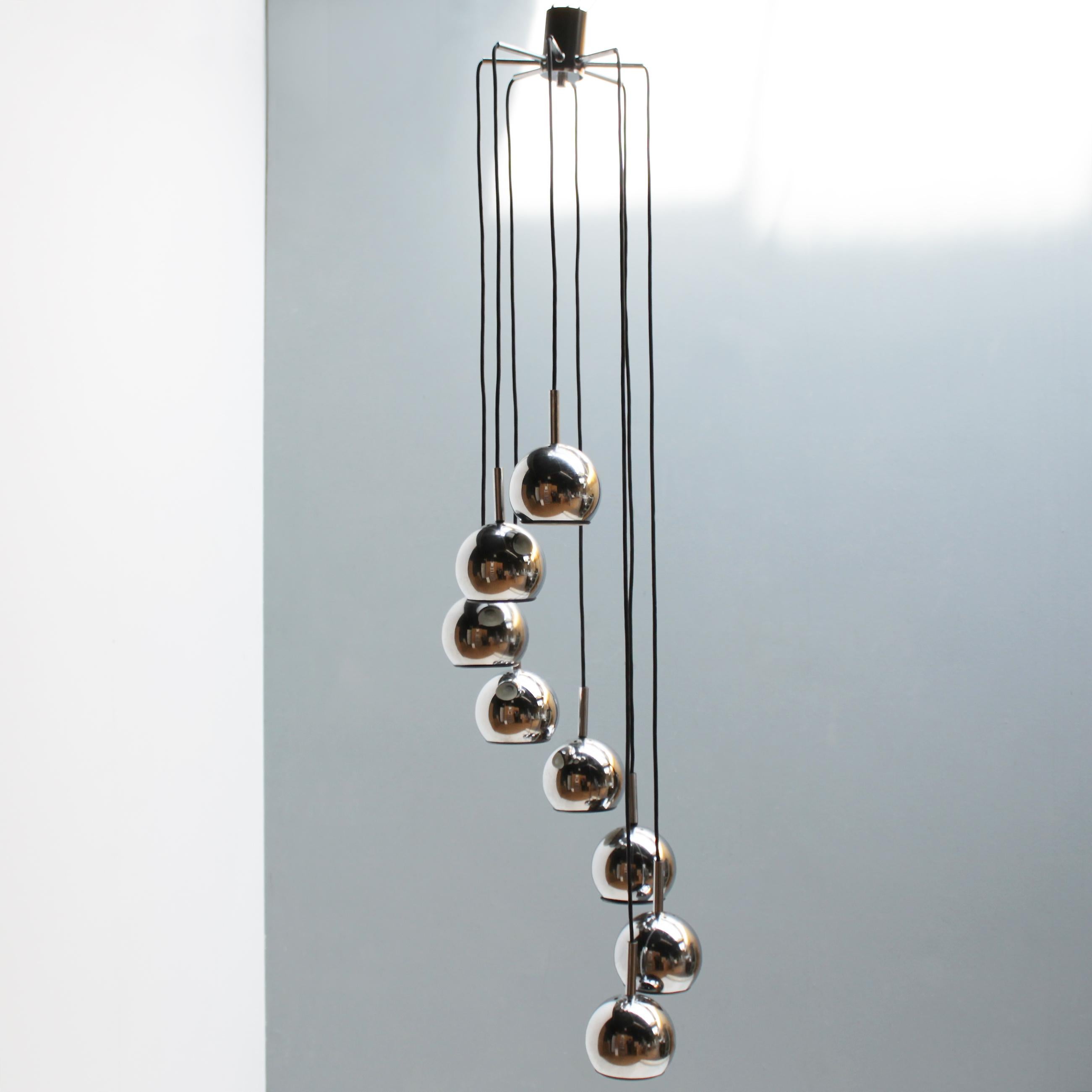 Lacquered Eight-Light Cascading Chandelier in Chrome For Sale
