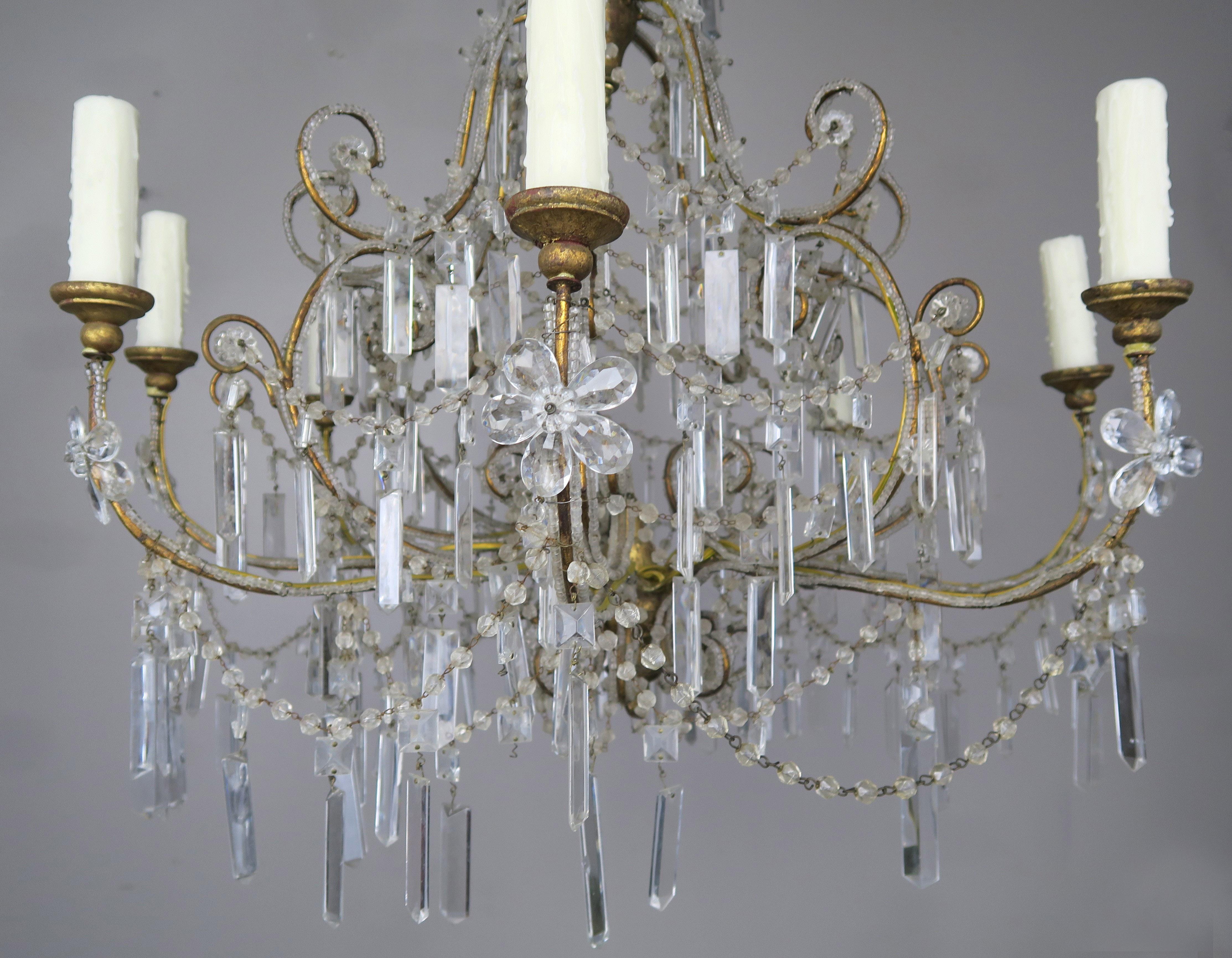 Eight Light Chrystal Beaded Chandelier with Flowers, circa 1930s 2