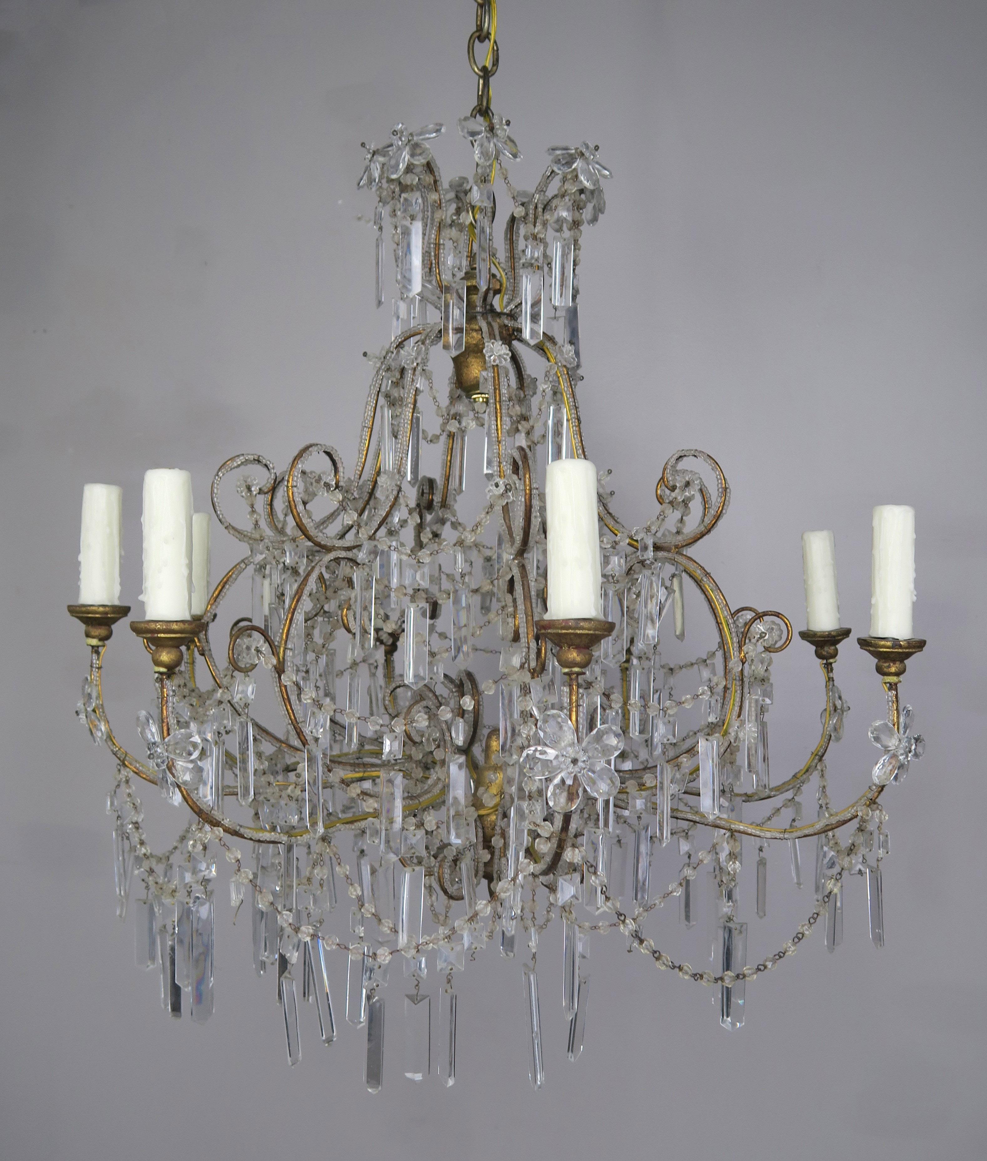 Eight Light Chrystal Beaded Chandelier with Flowers, circa 1930s 4