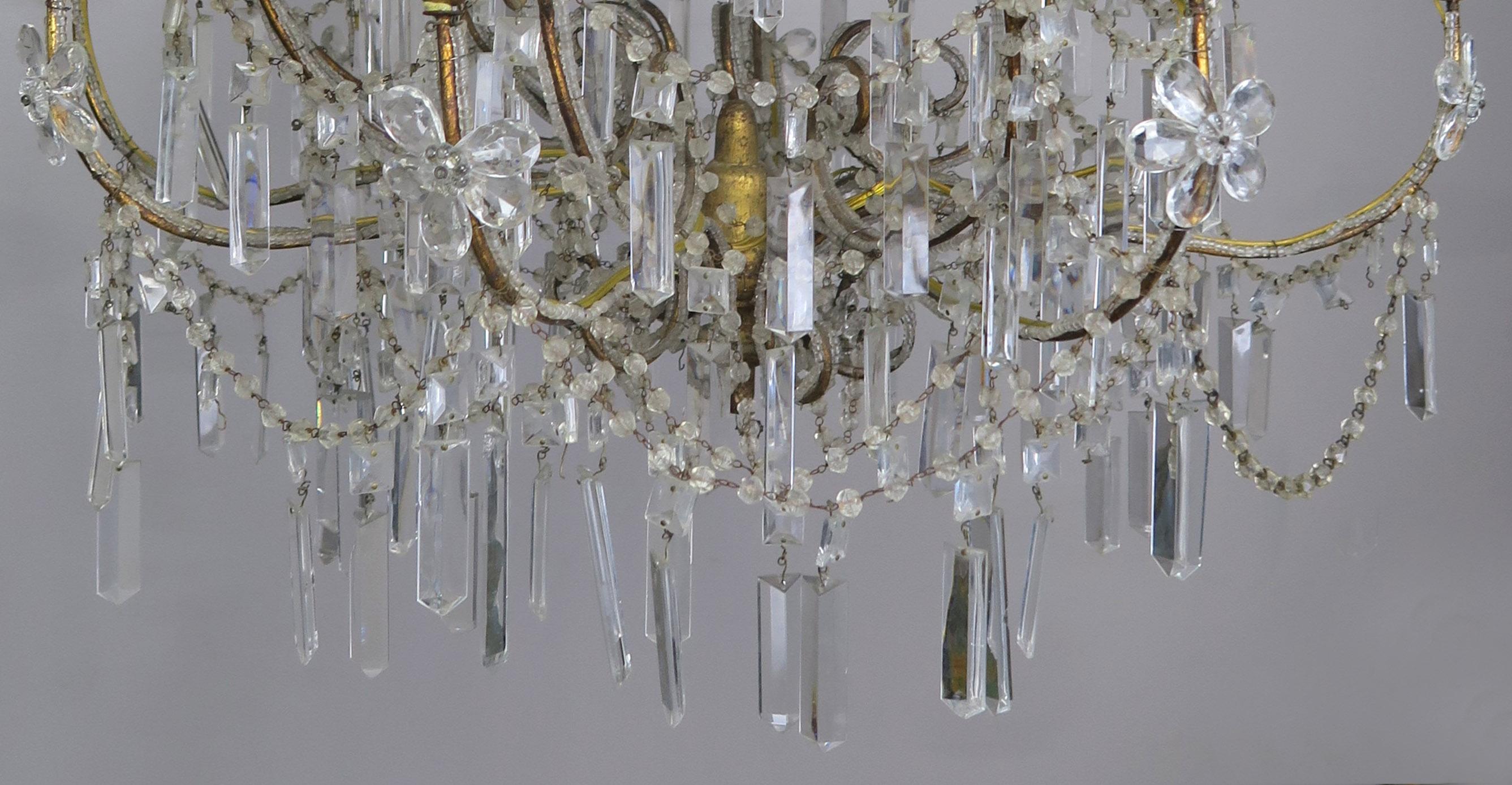 Rococo Eight Light Chrystal Beaded Chandelier with Flowers, circa 1930s