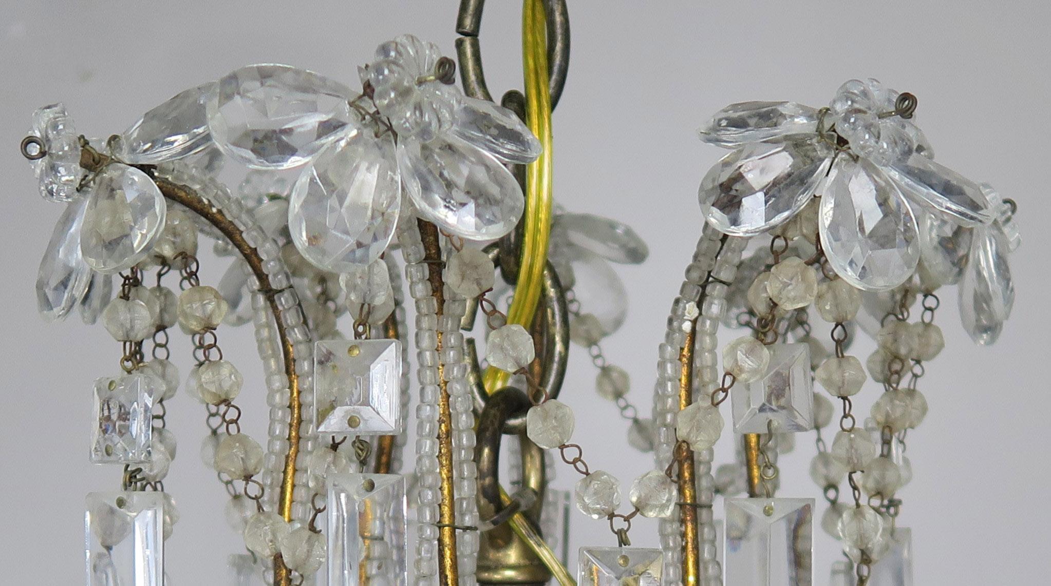 Eight Light Chrystal Beaded Chandelier with Flowers, circa 1930s In Good Condition In Los Angeles, CA