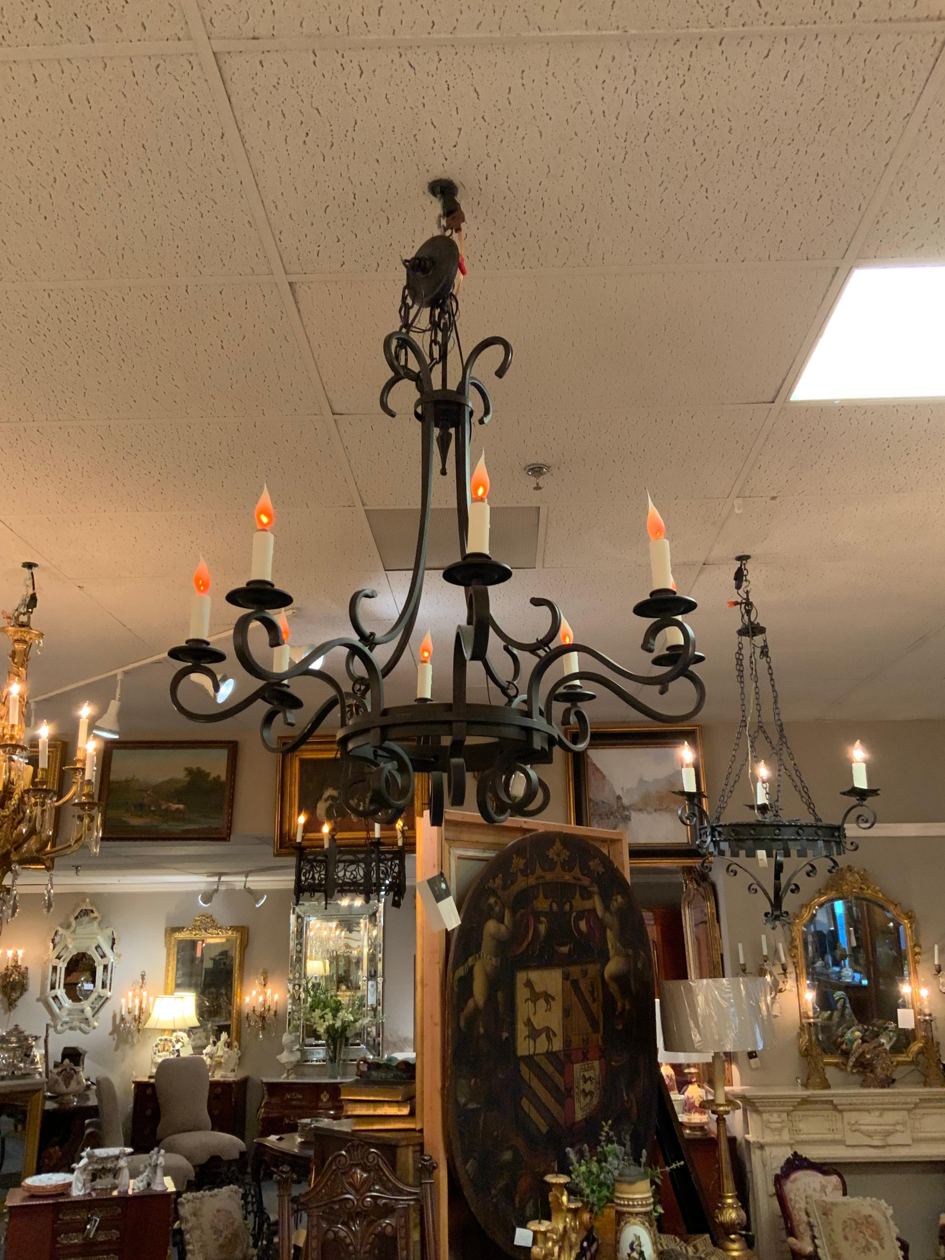 Ferro Lampadario a otto luci in ferro con bracci a spirale in vendita