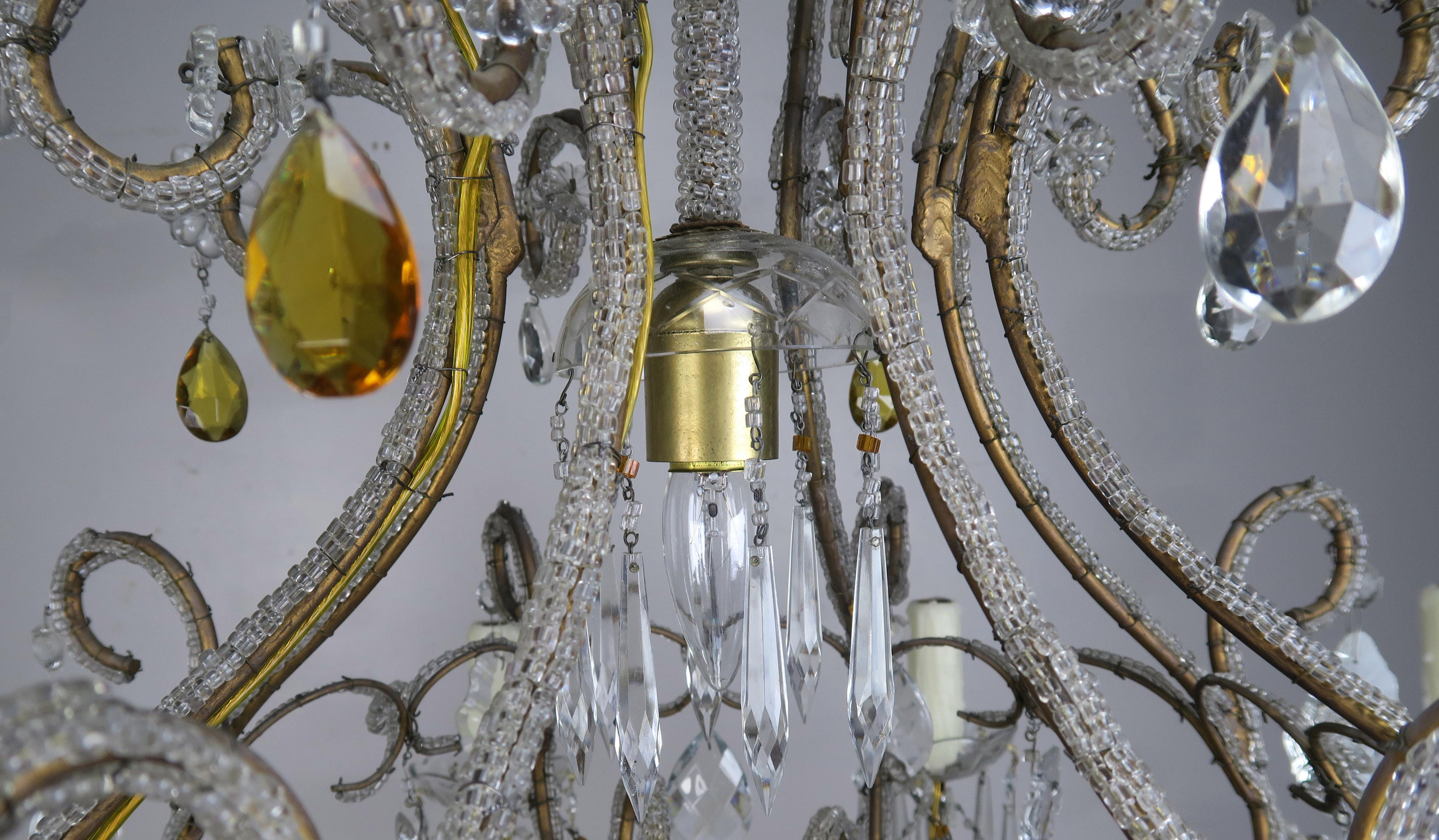 Eight Light Italian Crystal Beaded Chandelier with Smokey Drops For Sale 4