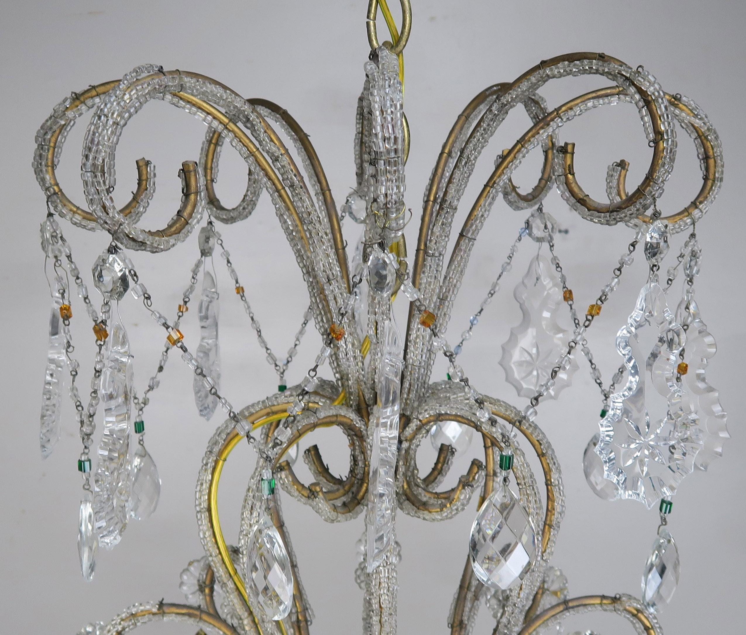 Rococo Eight Light Italian Crystal Beaded Chandelier with Smokey Drops For Sale