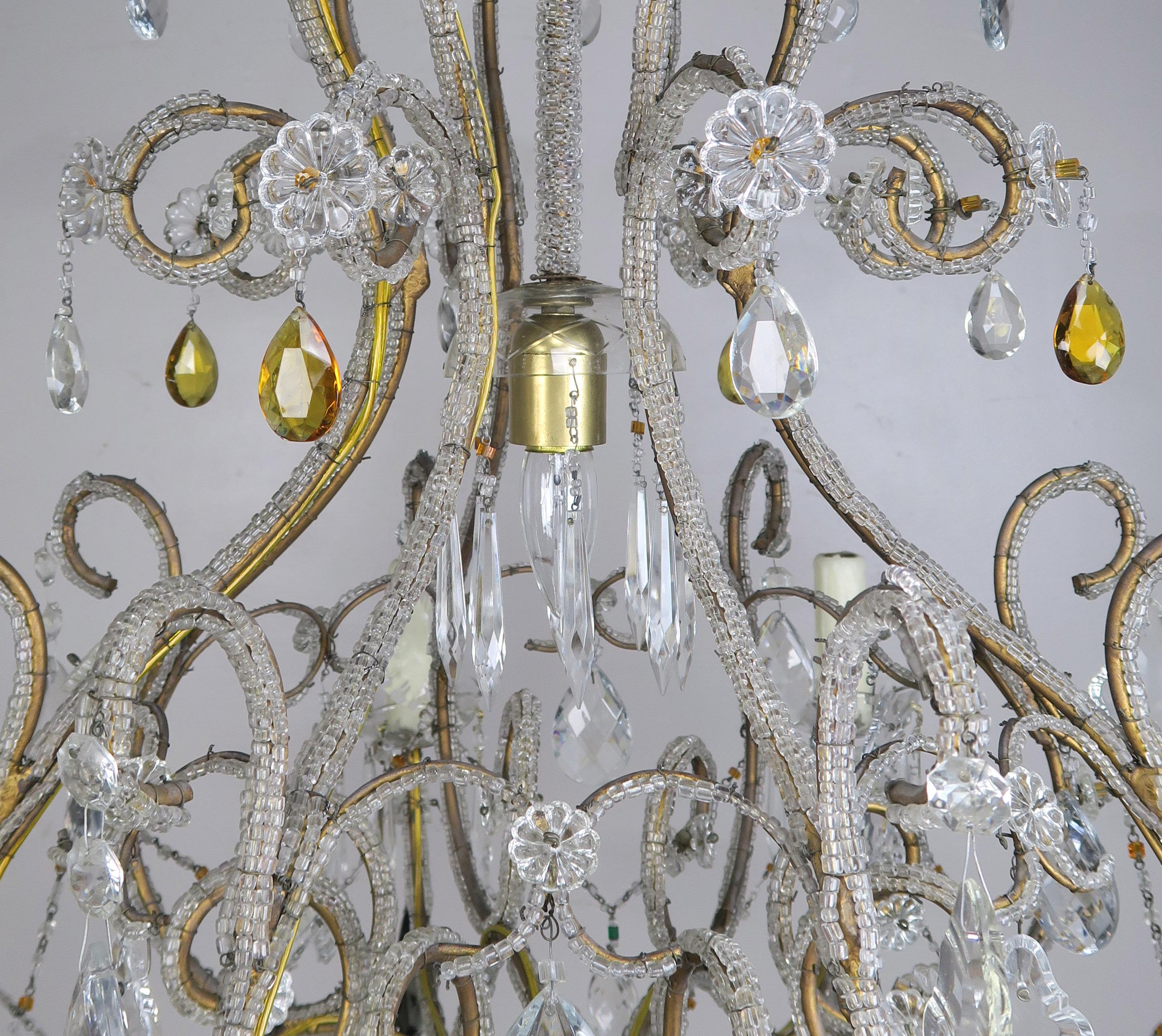 Eight Light Italian Crystal Beaded Chandelier with Smokey Drops In Good Condition For Sale In Los Angeles, CA