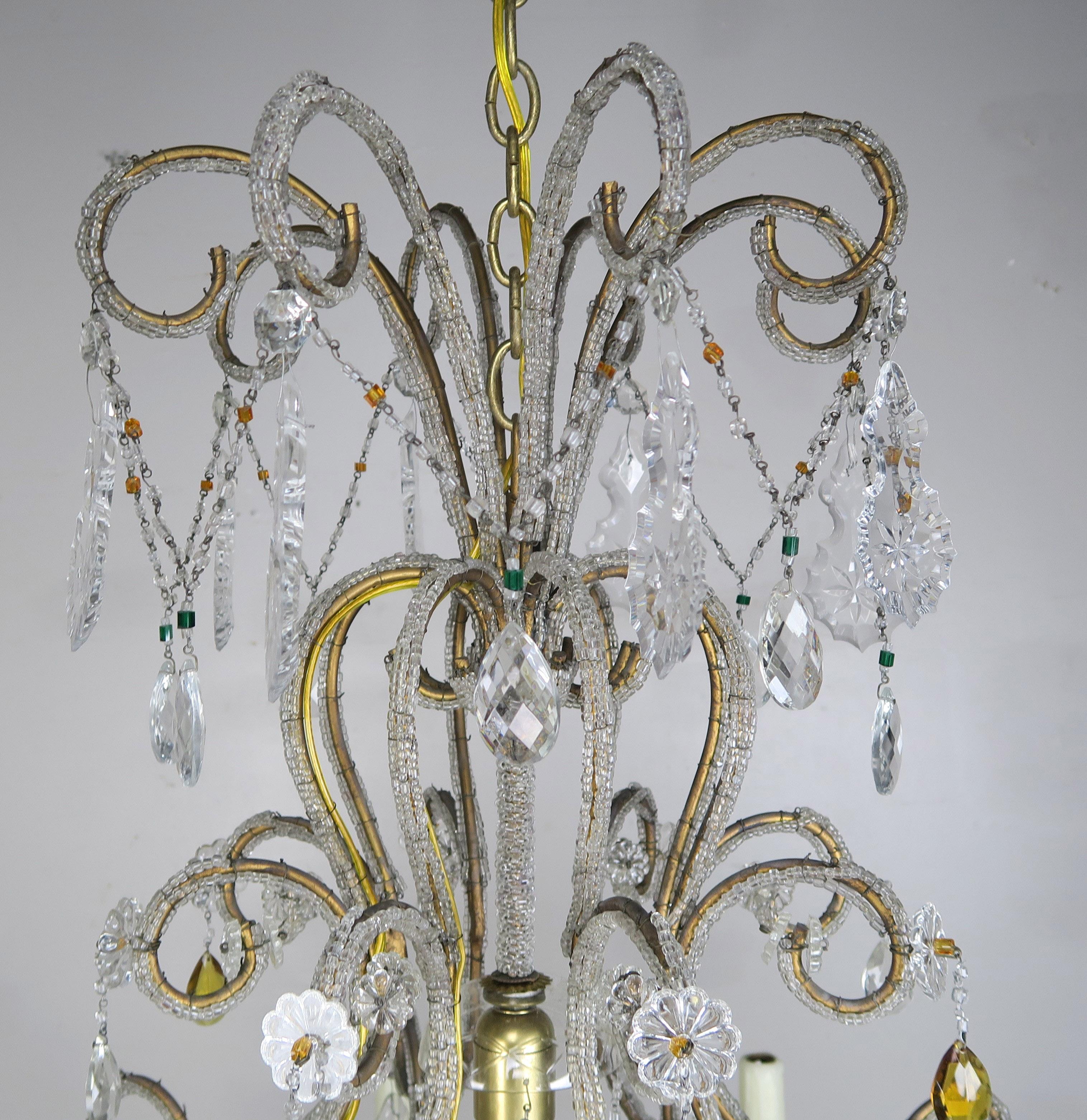 Mid-20th Century Eight Light Italian Crystal Beaded Chandelier with Smokey Drops For Sale