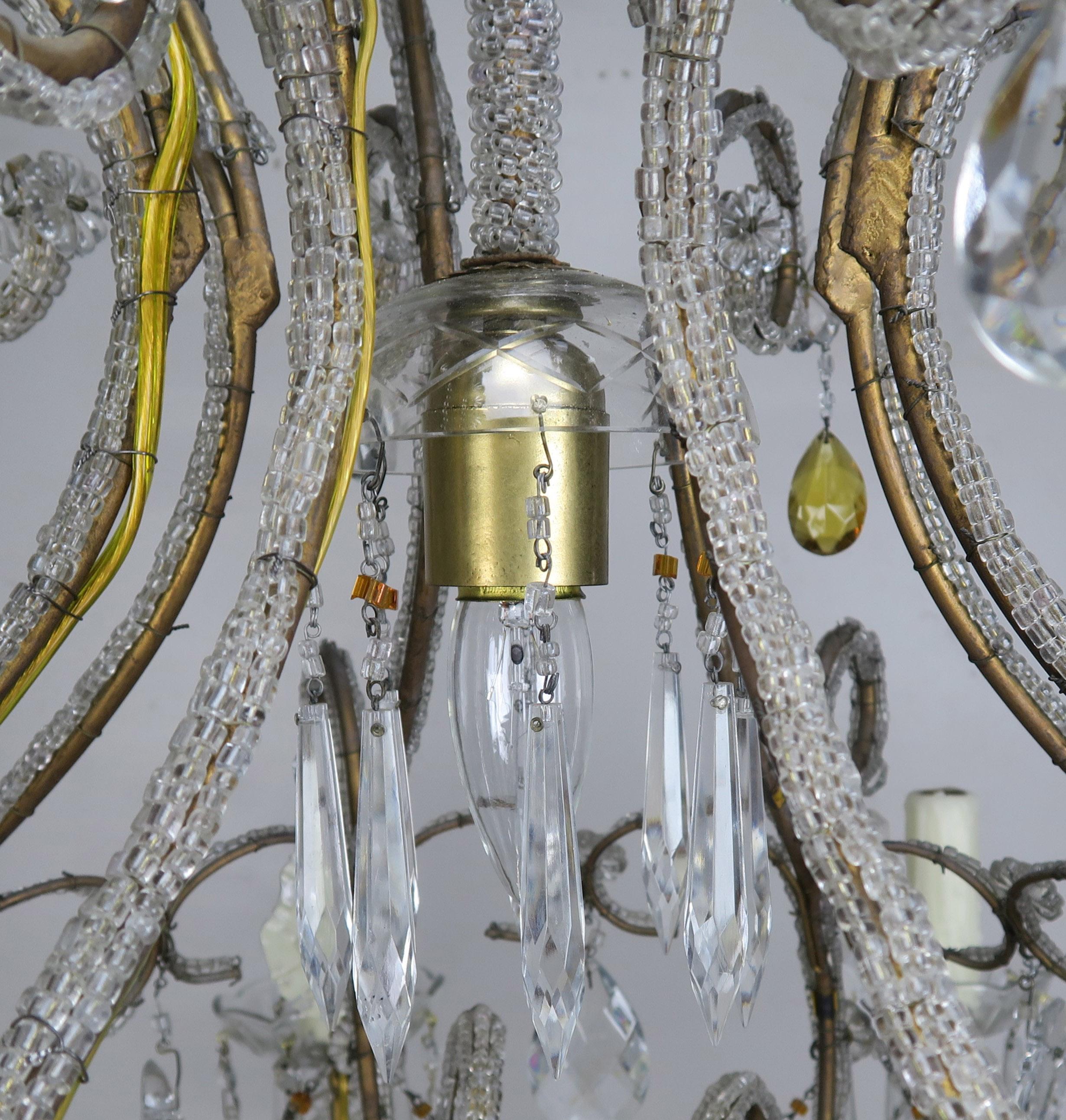 Metal Eight Light Italian Crystal Beaded Chandelier with Smokey Drops For Sale