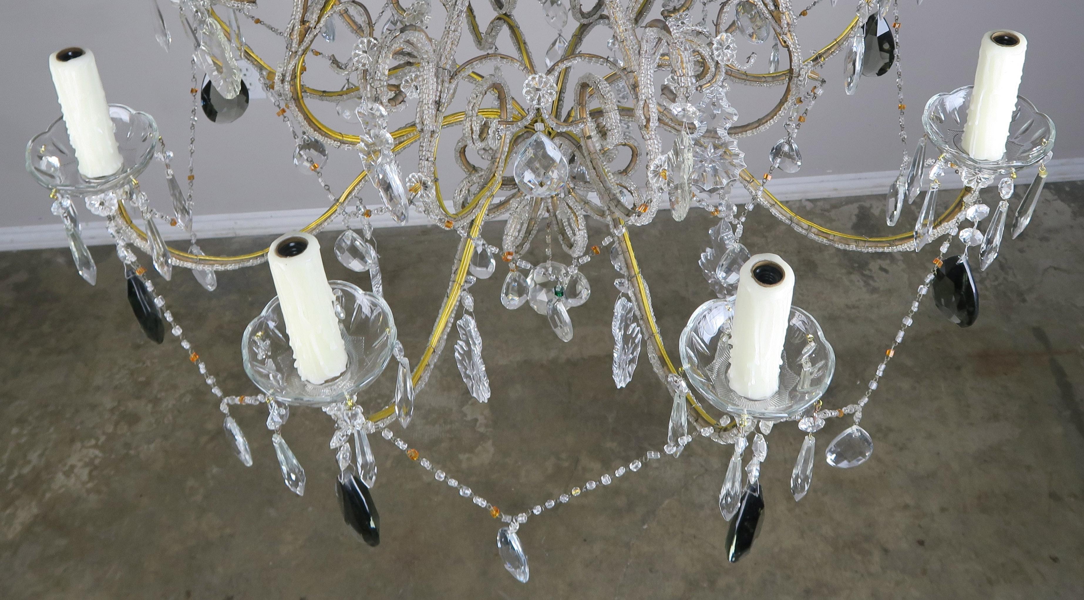 Eight Light Italian Crystal Beaded Chandelier with Smokey Drops For Sale 1