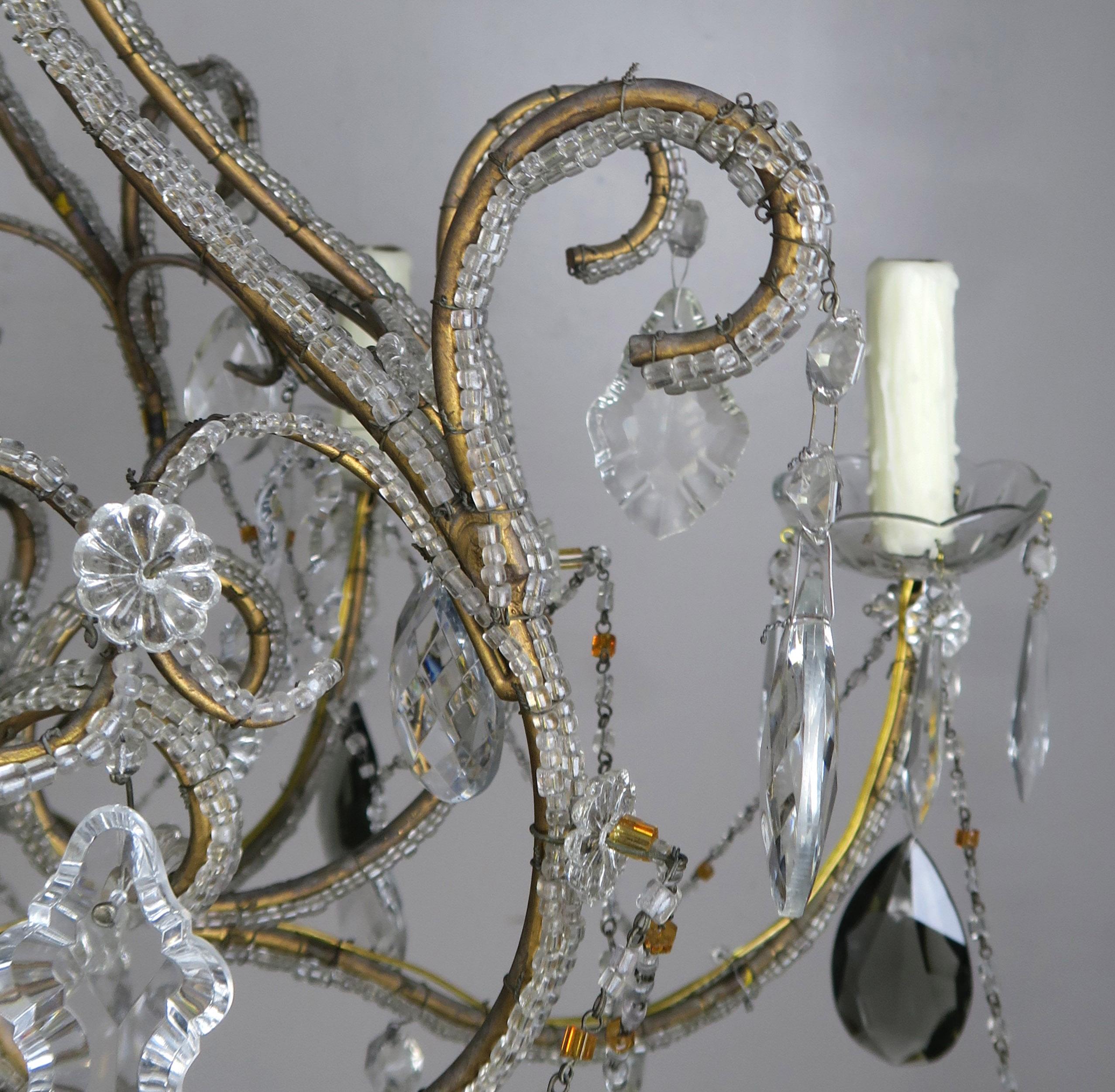 Eight Light Italian Crystal Beaded Chandelier with Smokey Drops For Sale 2