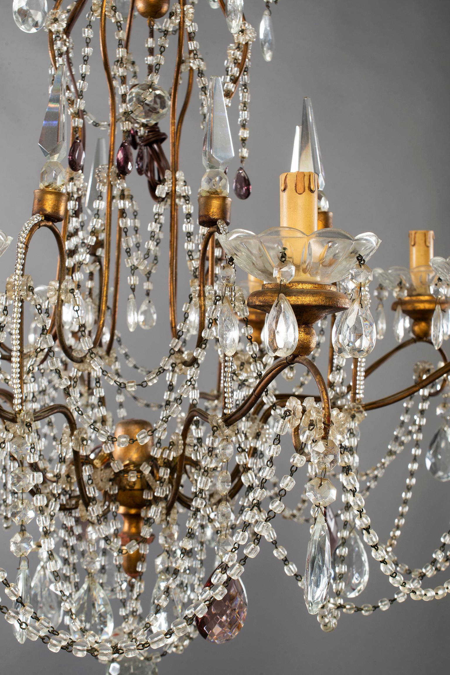 Eight-Light Italian Crystal Chandelier with Giltwood Bobeches 2