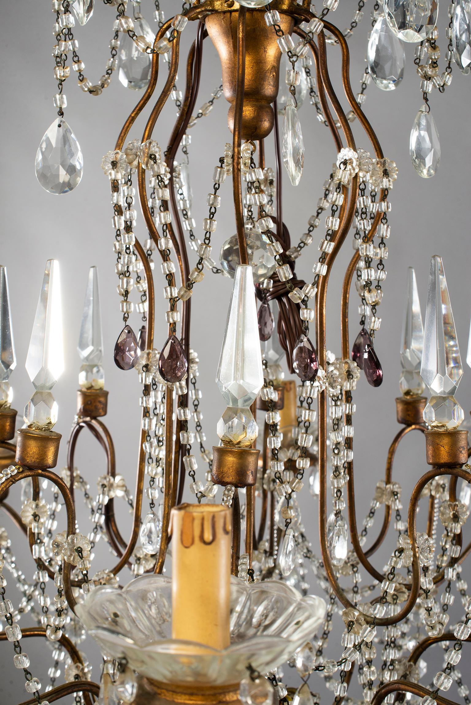 Eight-Light Italian Crystal Chandelier with Giltwood Bobeches 8