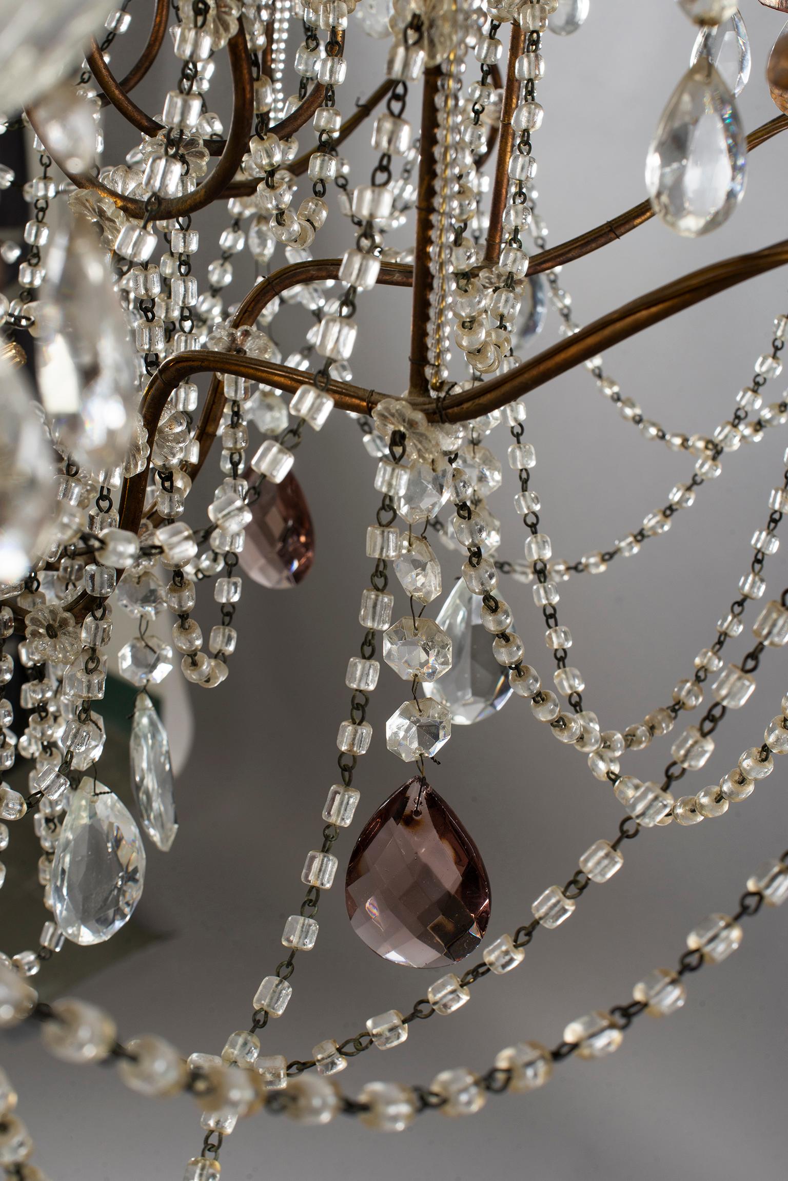 Eight-Light Italian Crystal Chandelier with Giltwood Bobeches In Excellent Condition In Troy, MI