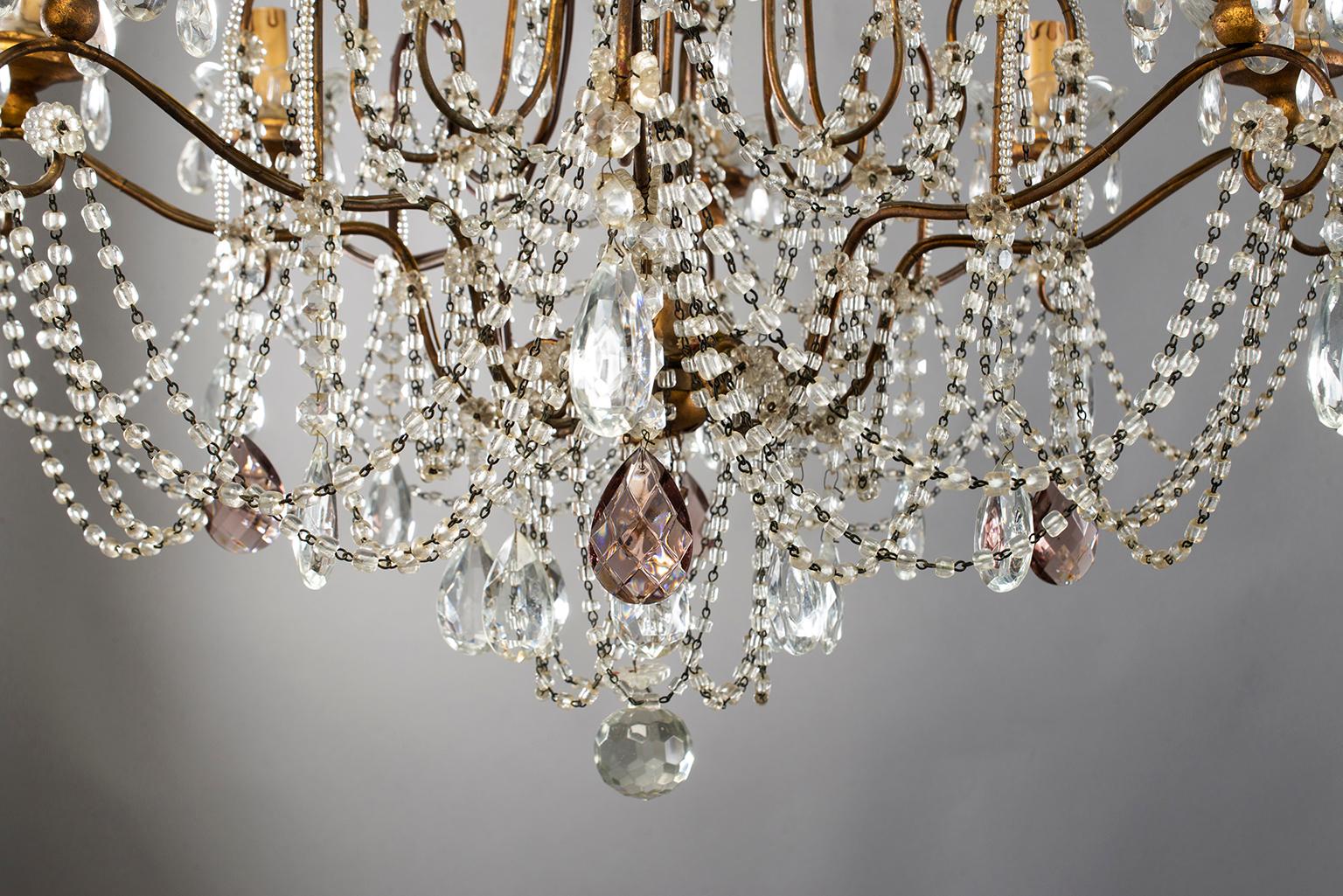 Brass Eight-Light Italian Crystal Chandelier with Giltwood Bobeches