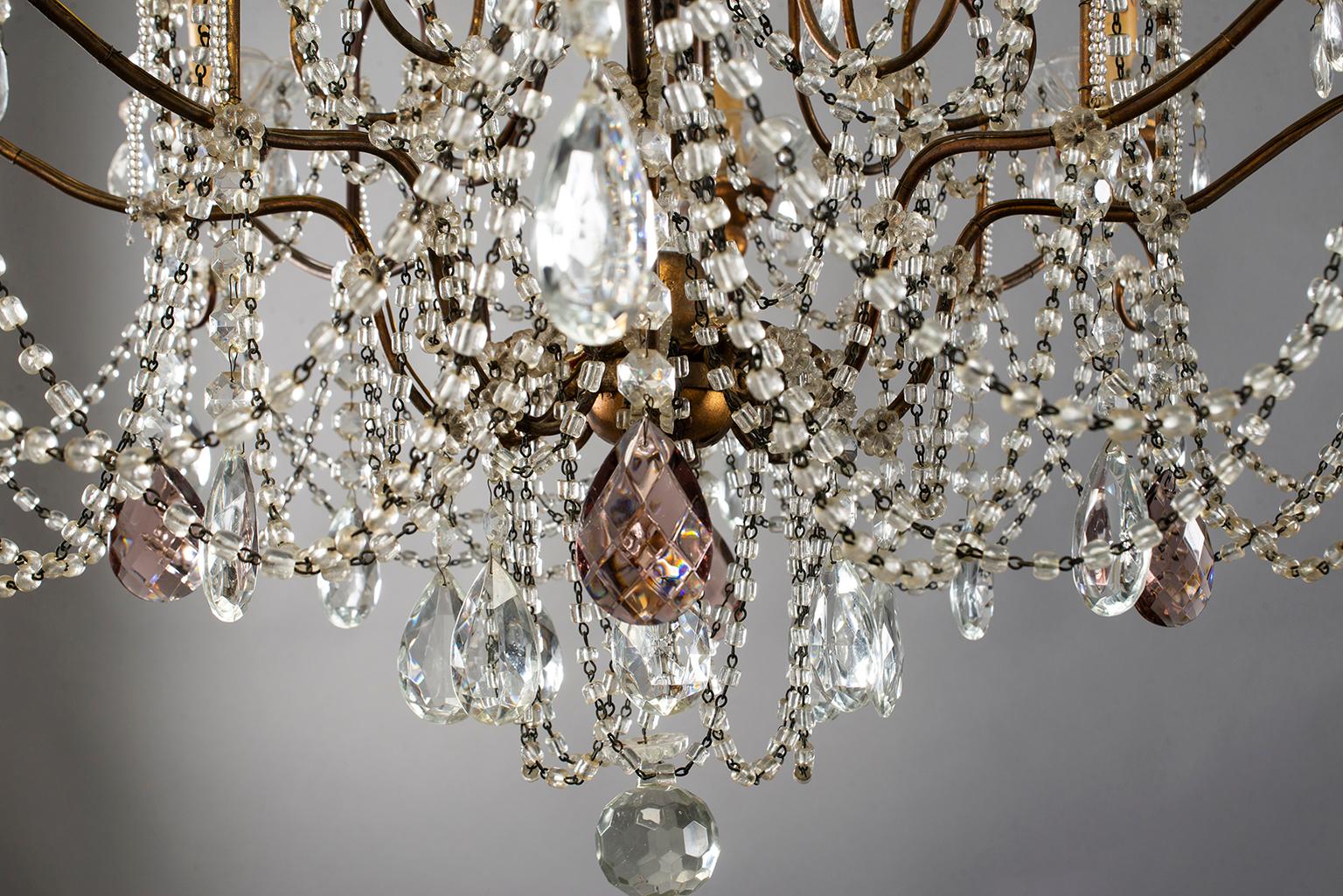 Eight-Light Italian Crystal Chandelier with Giltwood Bobeches 1