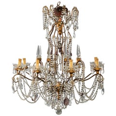 Eight-Light Italian Crystal Chandelier with Giltwood Bobeches
