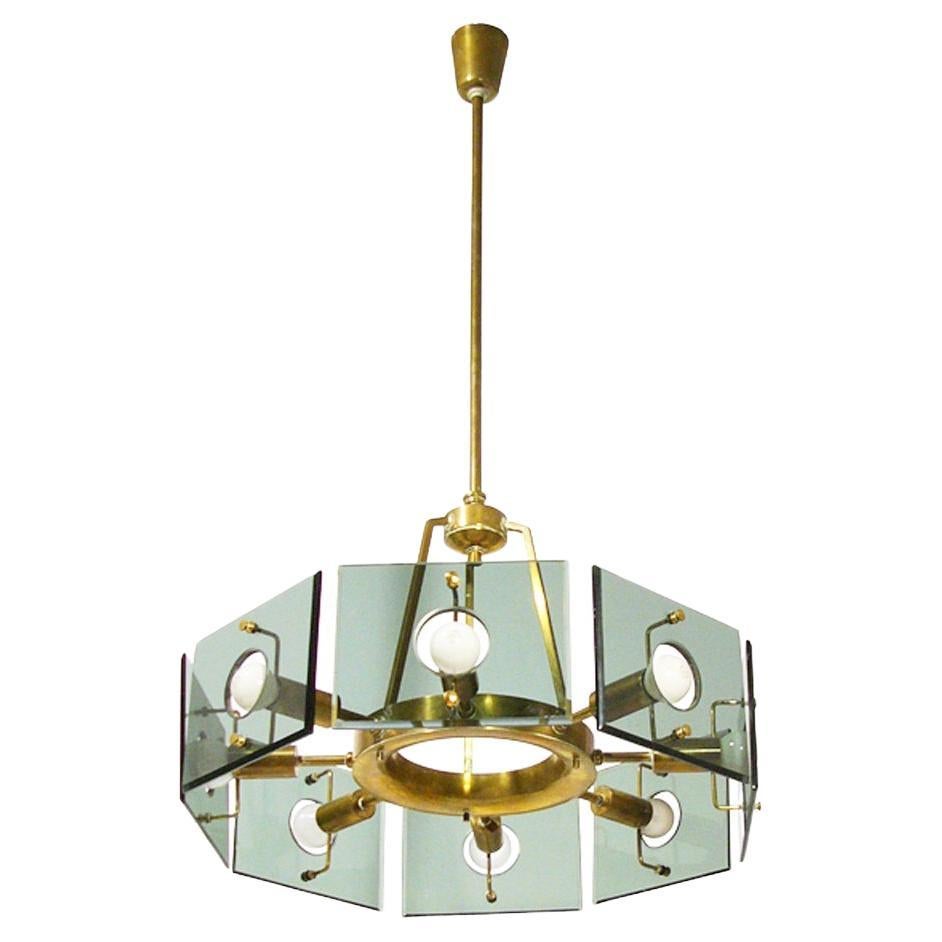 Lustre italien à huit lumières en verre fumé et laiton de Gino Paroldo, années 1960