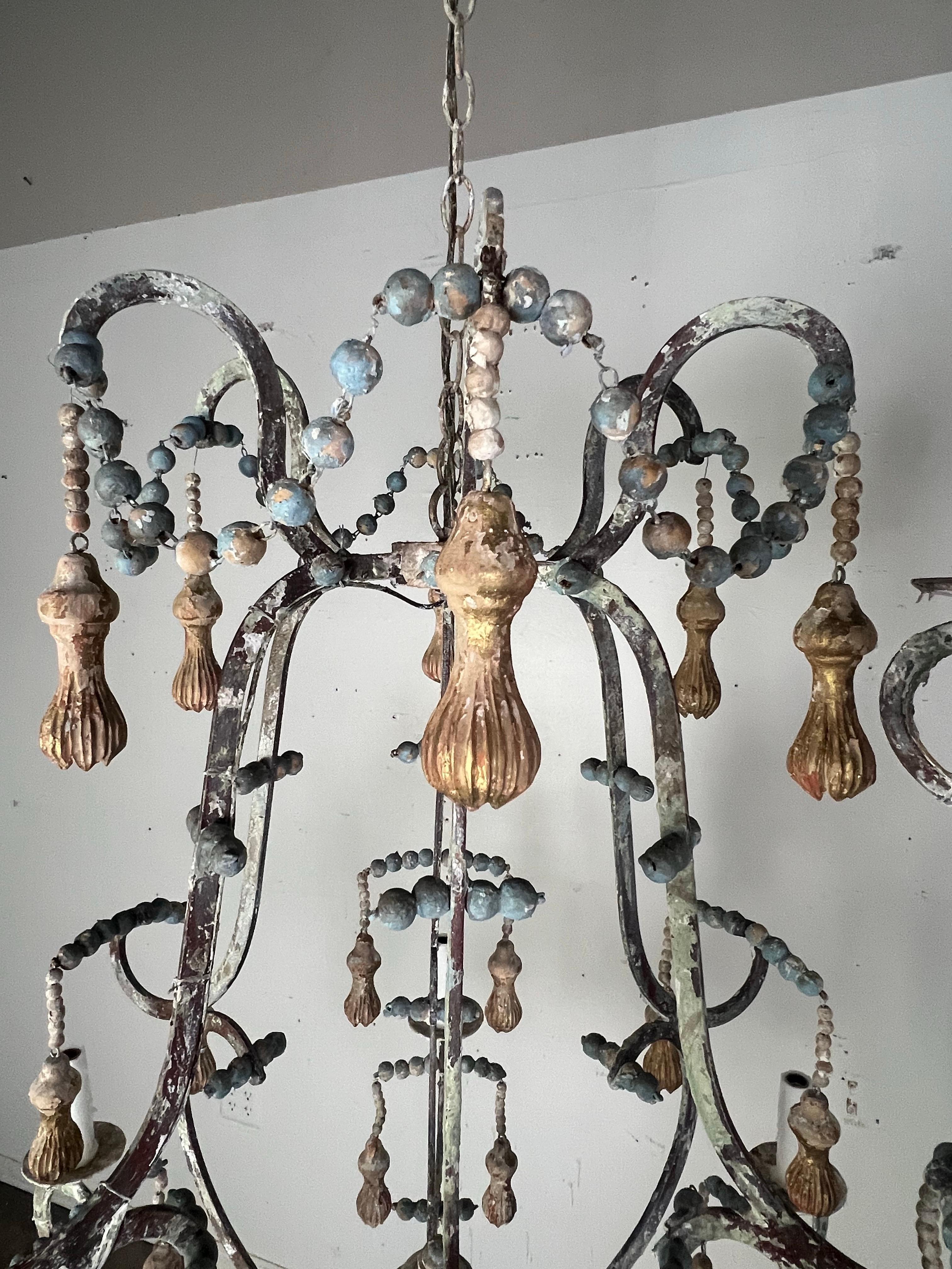 Hand-Crafted Livorno Wood Beaded Chandelier by Miamar Home For Sale