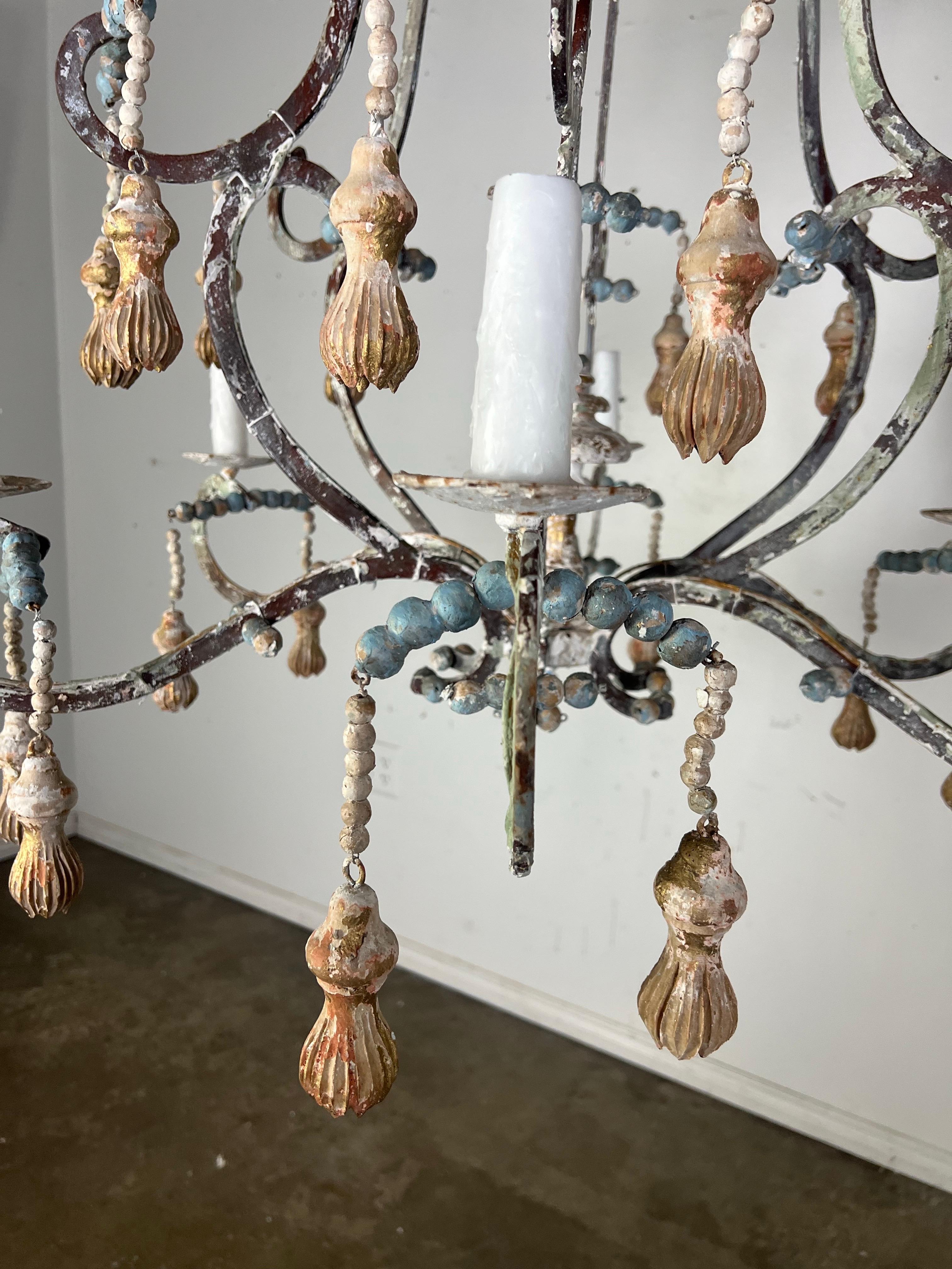 Iron Livorno Wood Beaded Chandelier by Miamar Home For Sale