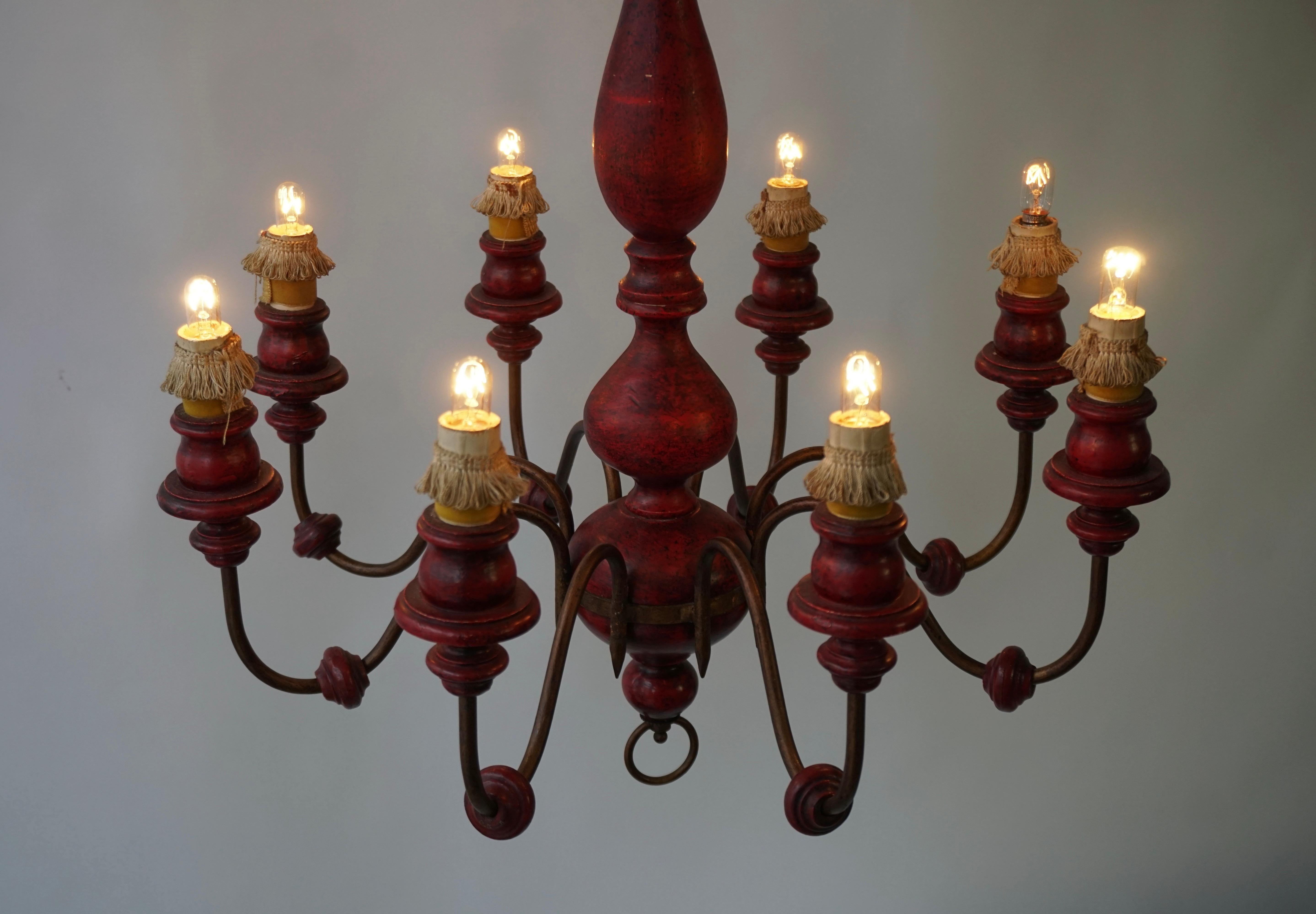 Eight Light Red painted Wood and Iron Chandelier For Sale 3