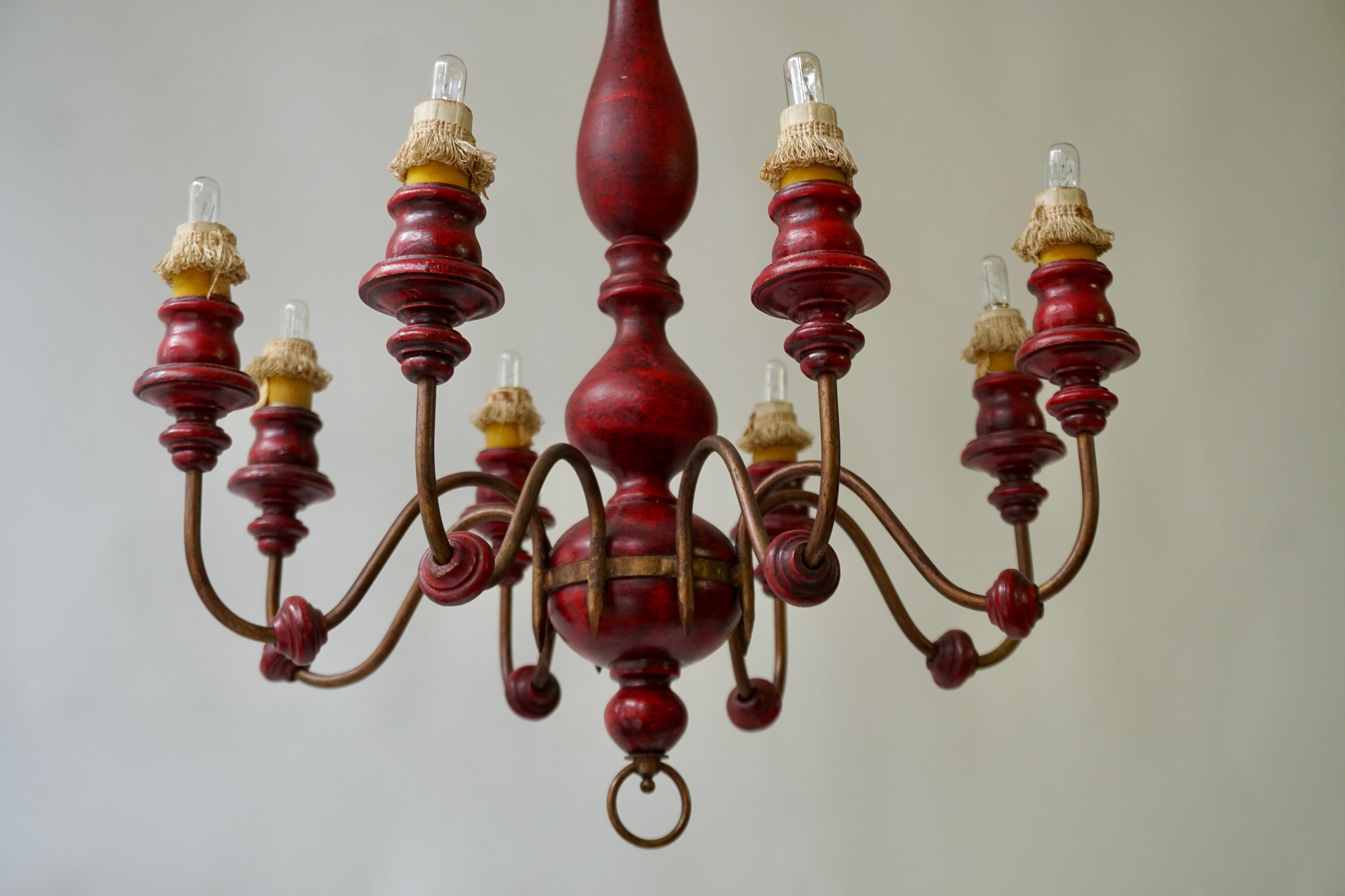 Eight Light Red painted Wood and Iron Chandelier For Sale 5