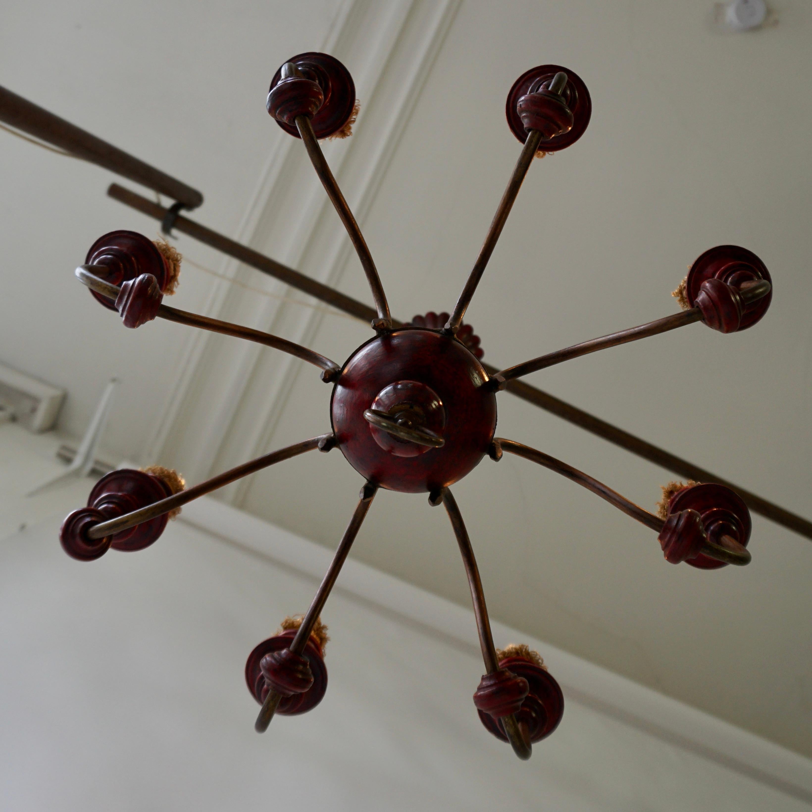 Eight Light Red painted Wood and Iron Chandelier For Sale 6