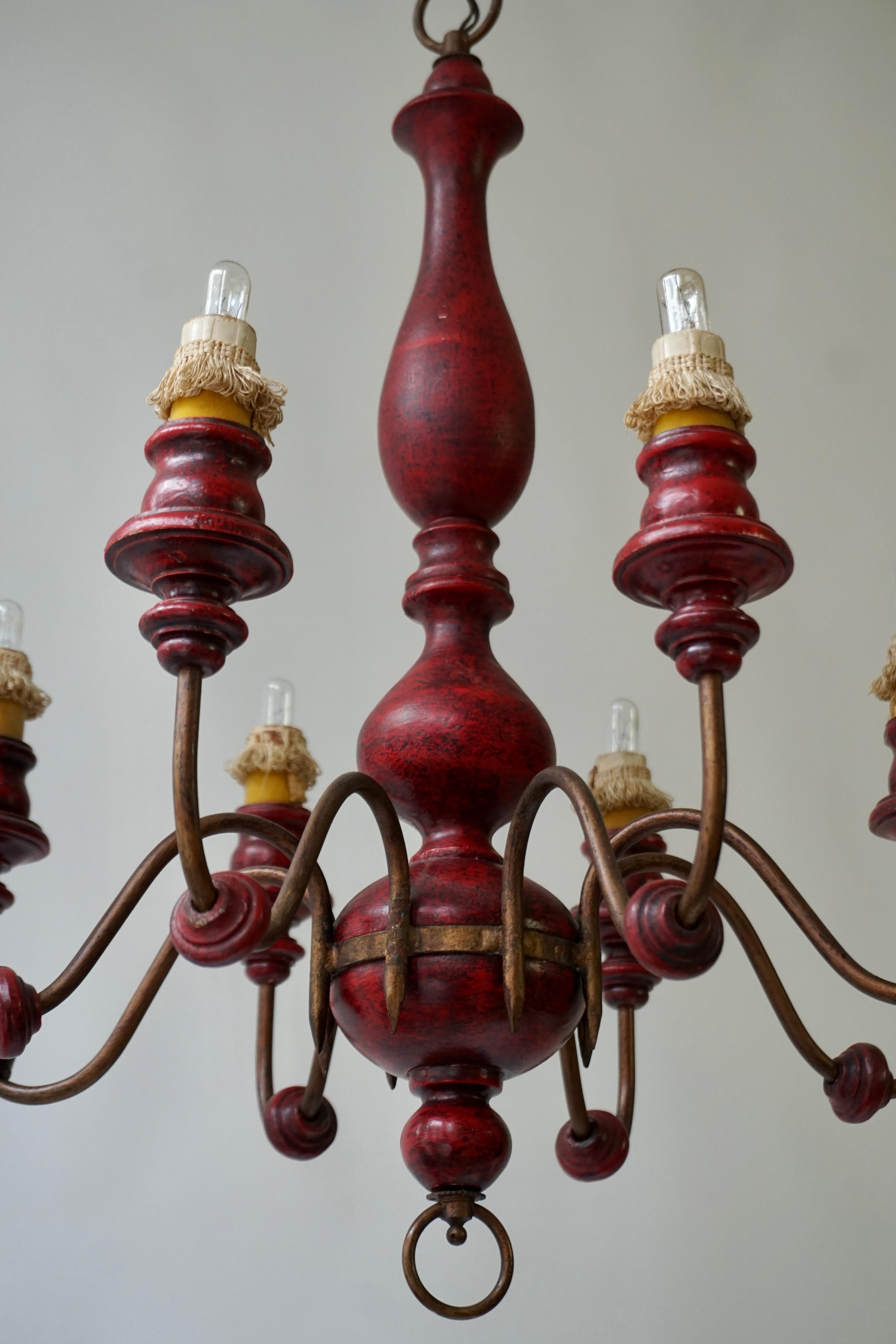 Eight Light Red painted Wood and Iron Chandelier For Sale 7