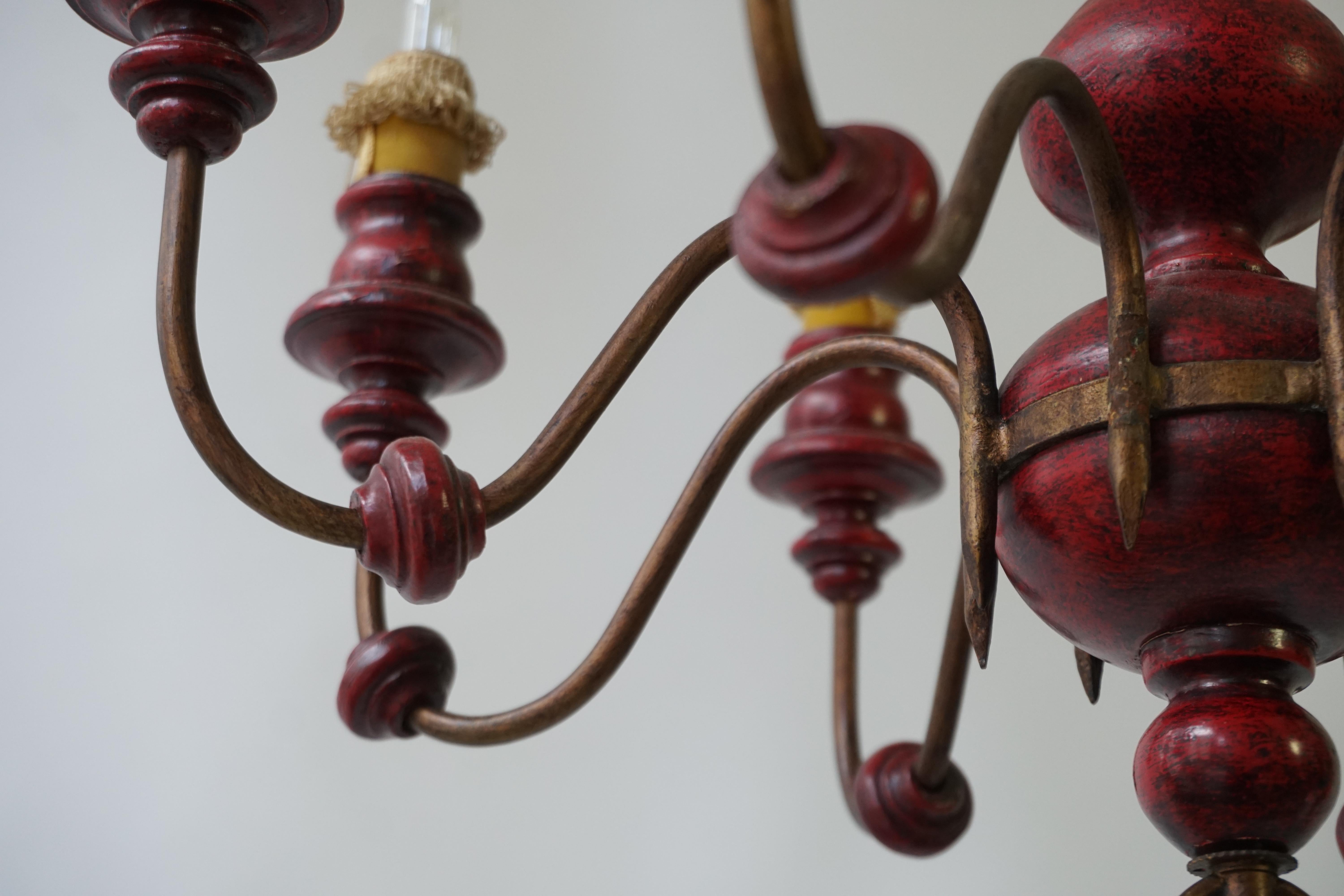 Eight Light Red painted Wood and Iron Chandelier For Sale 8