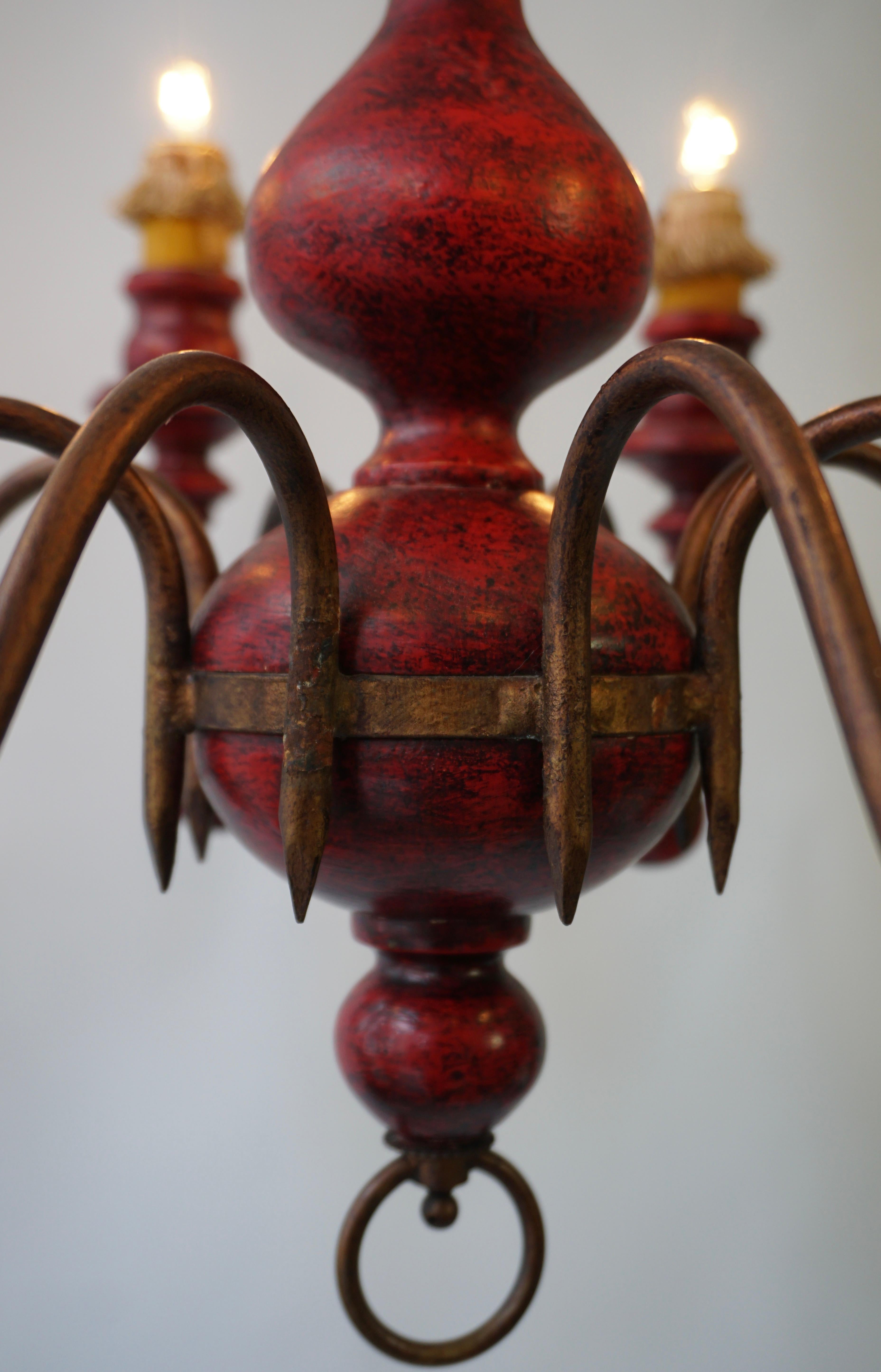 Eight Light Red painted Wood and Iron Chandelier For Sale 9