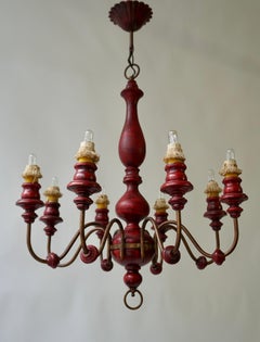 Eight Light Red painted Wood and Iron Chandelier