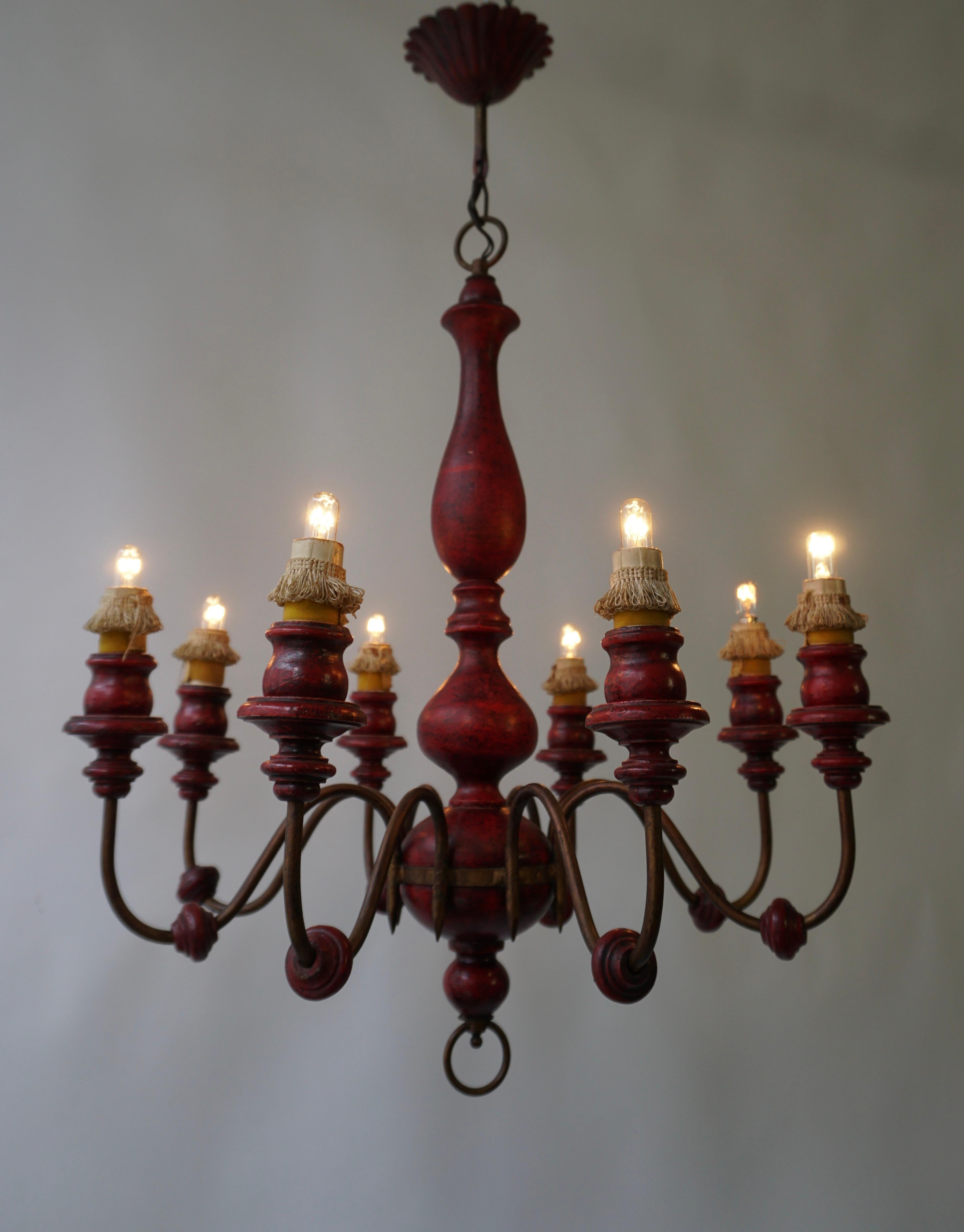 Eight Light Red painted Wood and Iron Chandelier For Sale 1