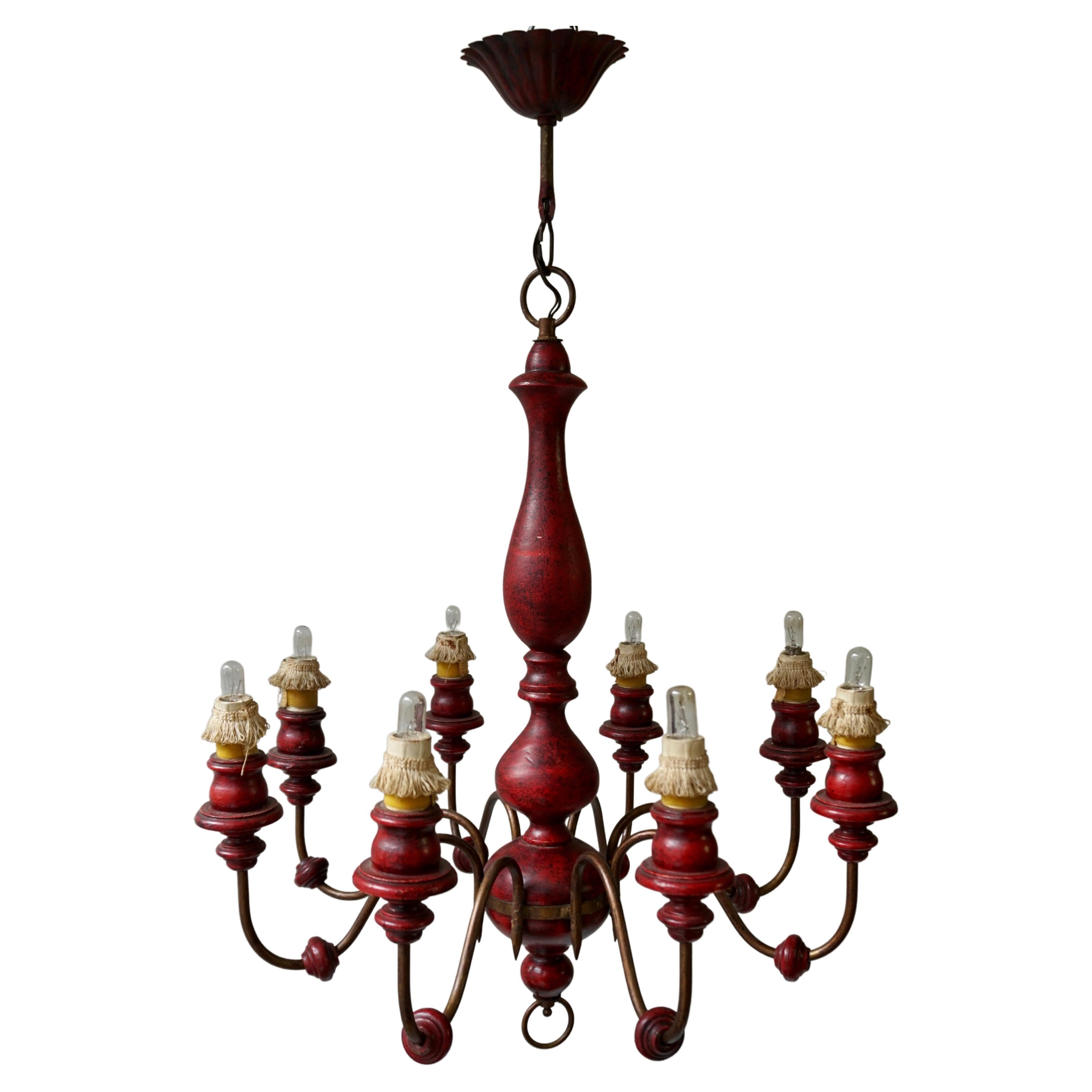 Eight Light Red painted Wood and Iron Chandelier For Sale