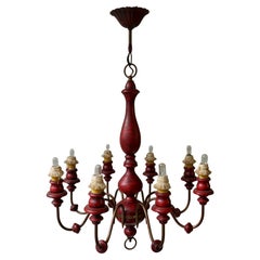 Eight Light Red painted Wood and Iron Chandelier
