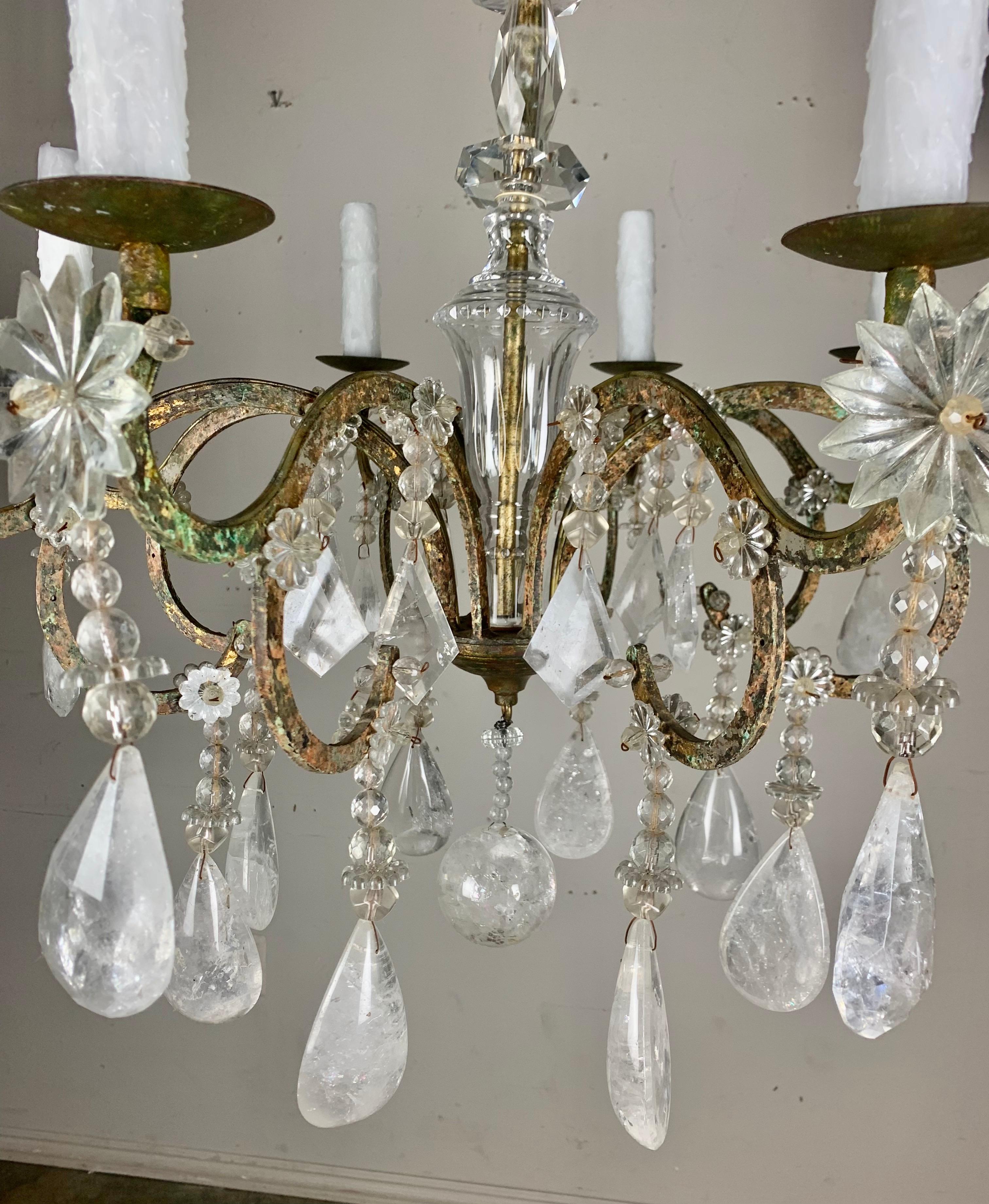 Eight Light Rock Crystal Chandelier C. 1930's For Sale 6