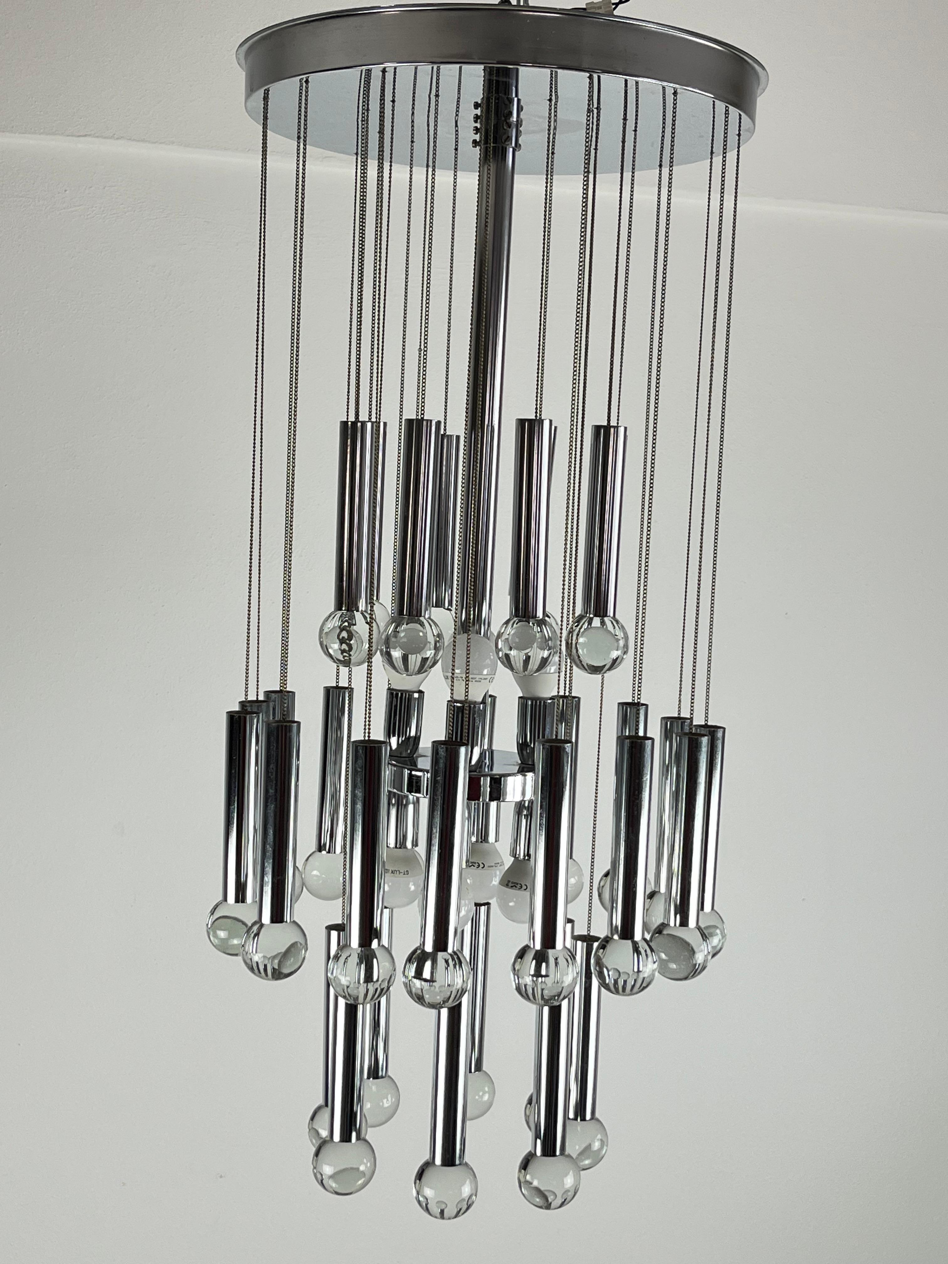 Italian Eight-Light Steel and Glass Chandelier by Gaetano Sciolari, Italy, 1970s For Sale
