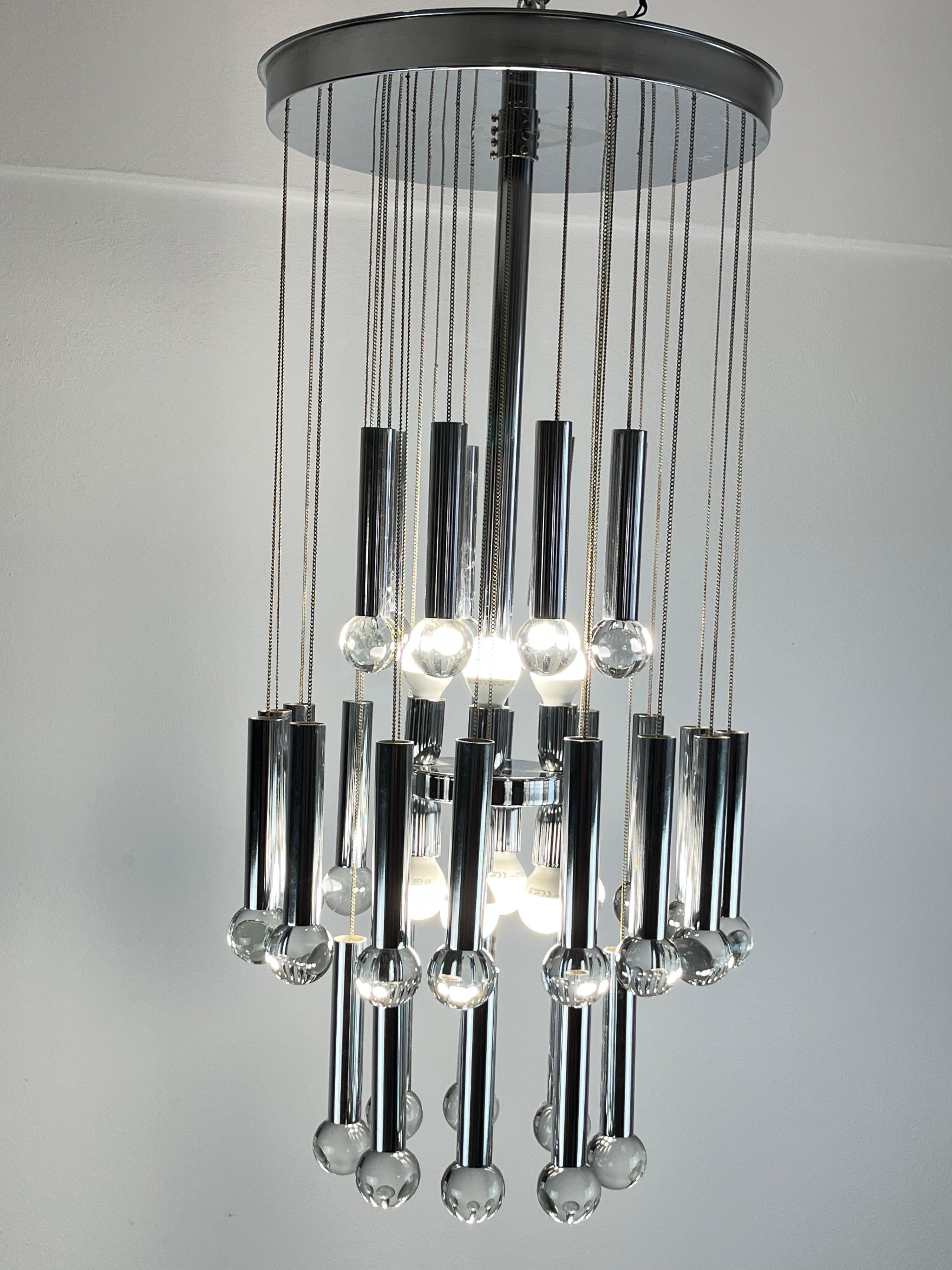 Other Eight-Light Steel and Glass Chandelier by Gaetano Sciolari, Italy, 1970s For Sale