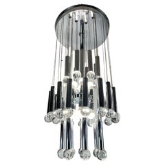 Vintage Eight-Light Steel and Glass Chandelier by Gaetano Sciolari, Italy, 1970s