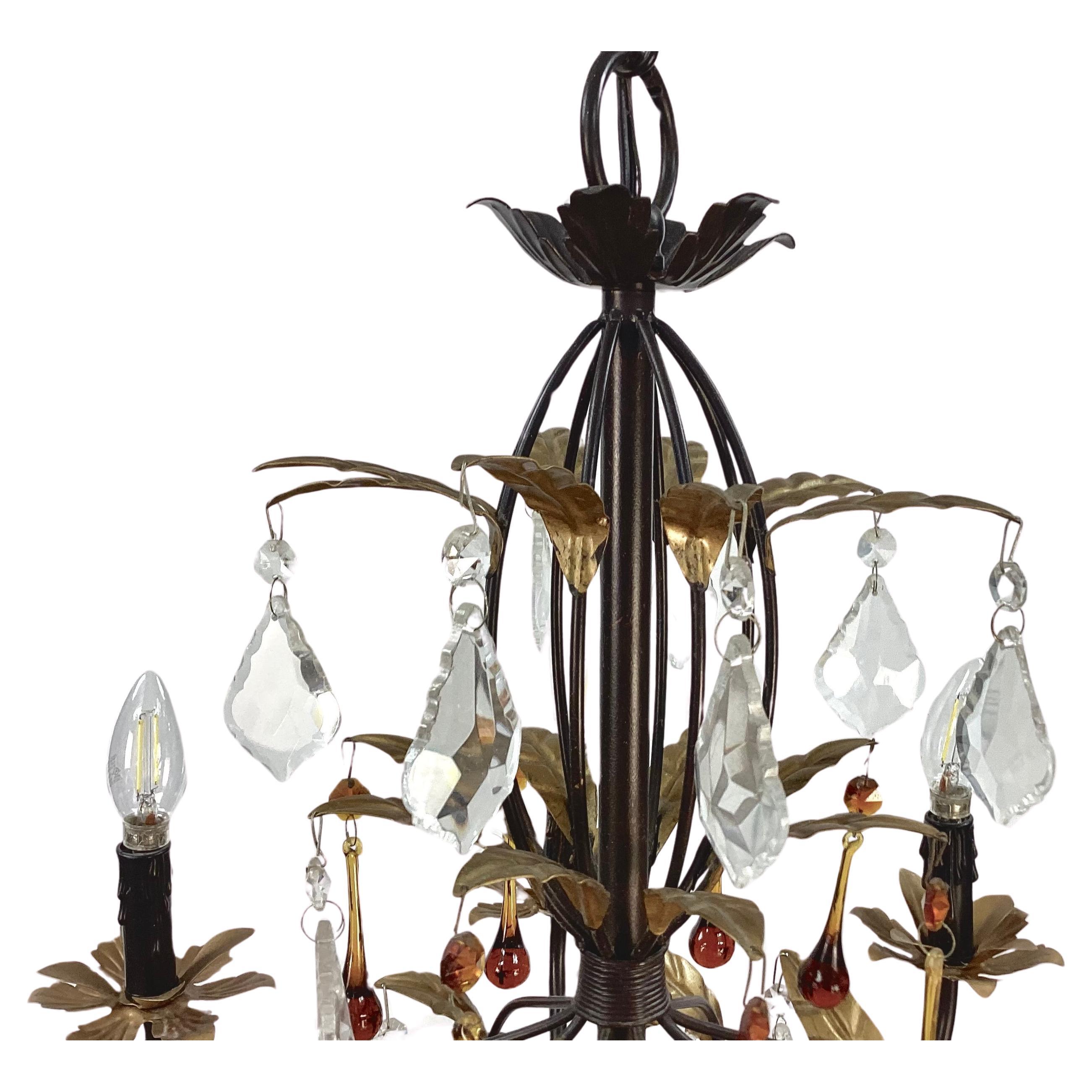 Baroque Eight Light Tole Chandelier Clear And Amber Crystal Drops For Sale