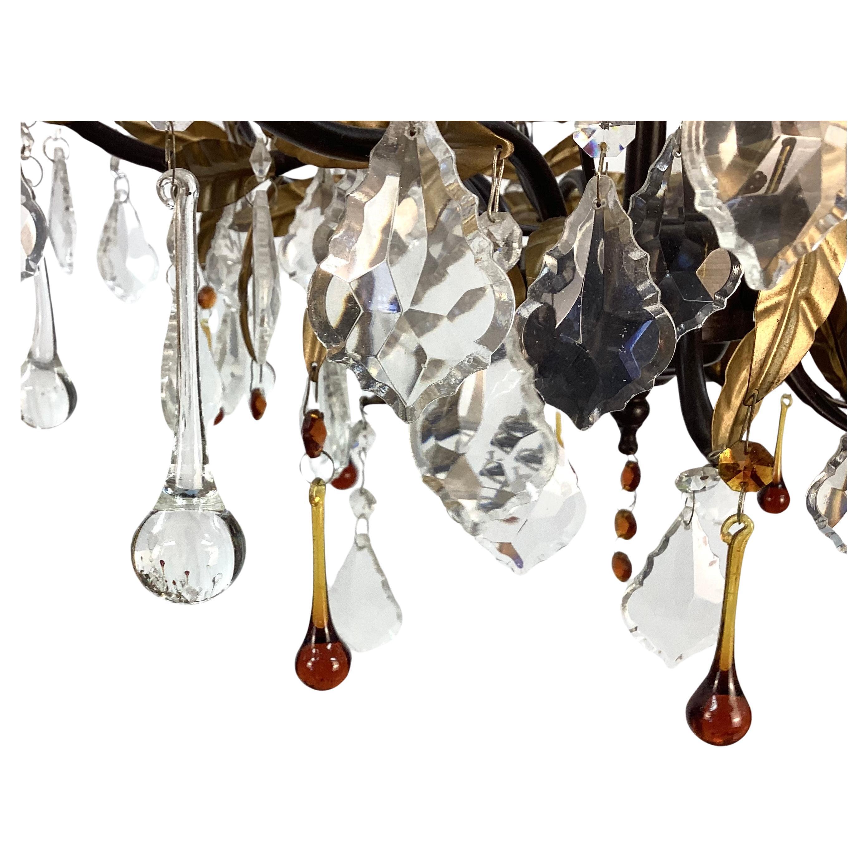 American Eight Light Tole Chandelier Clear And Amber Crystal Drops For Sale