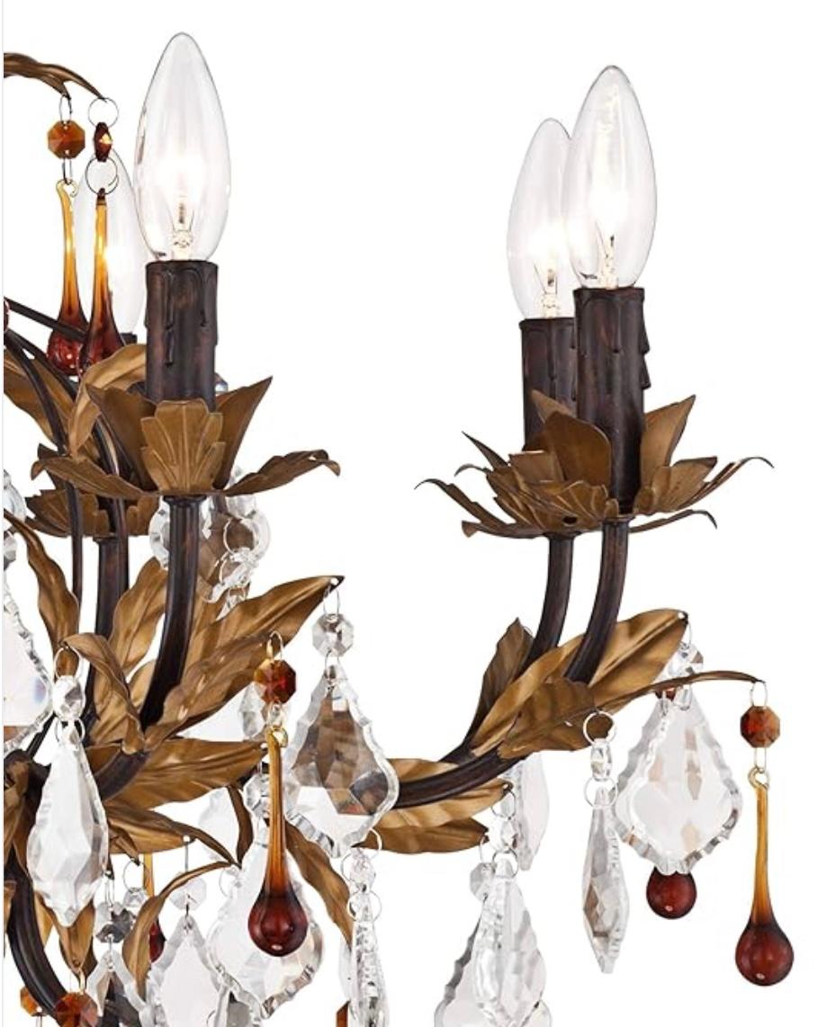 Eight Light Tole Chandelier Clear And Amber Crystal Drops In Good Condition For Sale In Bradenton, FL